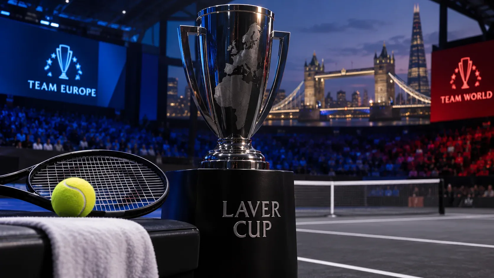 Troféu da Laver Cup diante de uma quadra de tênis, com raquete, bola e Londres ao fundo sob iluminação azul e vermelha.