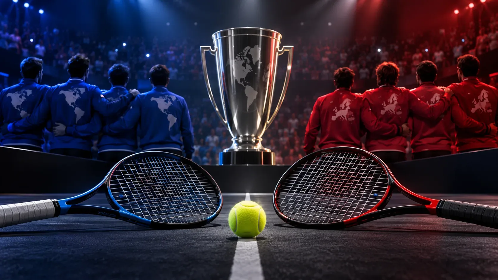 Duas equipes de tênis em azul e vermelho diante de um troféu, com duas raquetes e uma bola sobre uma quadra escura.