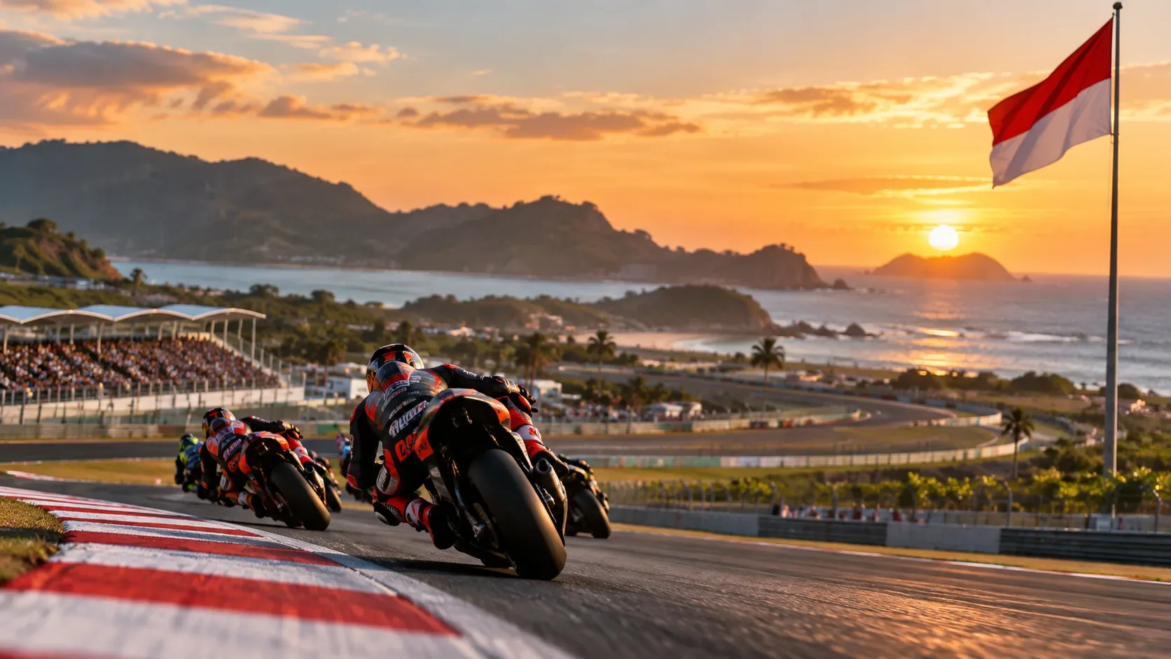 Motociclistas em alta velocidade fazem uma curva em circuito costeiro ao pôr do sol, com bandeira da Indonésia ao fundo.