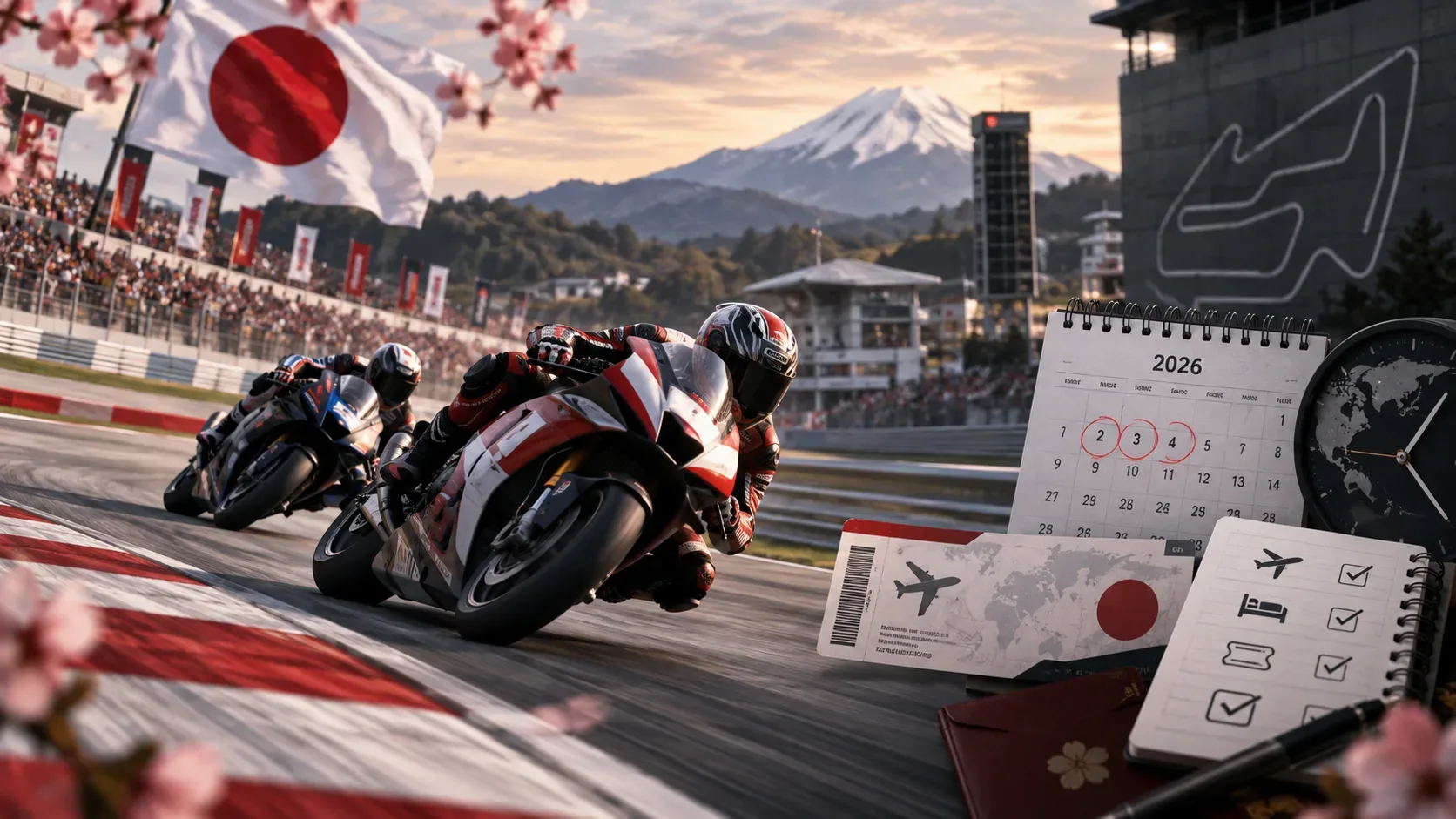 Duas motos de corrida fazem uma curva em um autódromo japonês, com bandeira do Japão, calendário de 2 a 4 de outubro de 2026, relógio e itens de viagem ao lado.