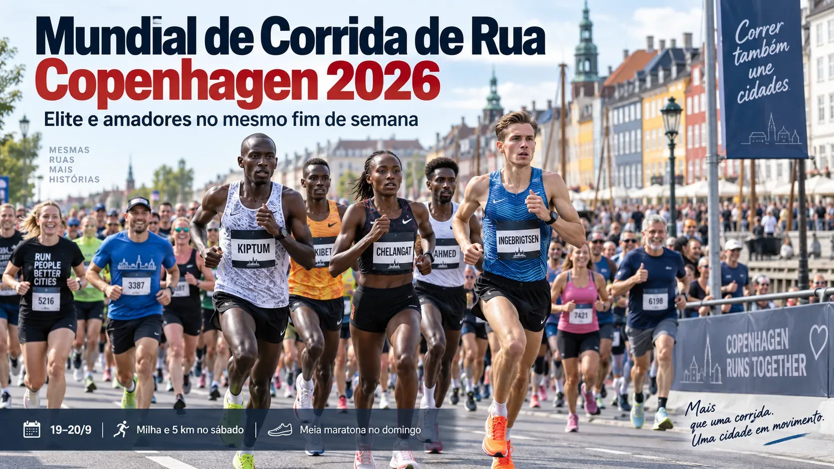 Corredores de elite e participantes amadores avançam por uma rua de Copenhagen, com arquitetura colorida ao fundo e chamadas gráficas sobre o Mundial de Corrida de Rua Copenhagen 2026.