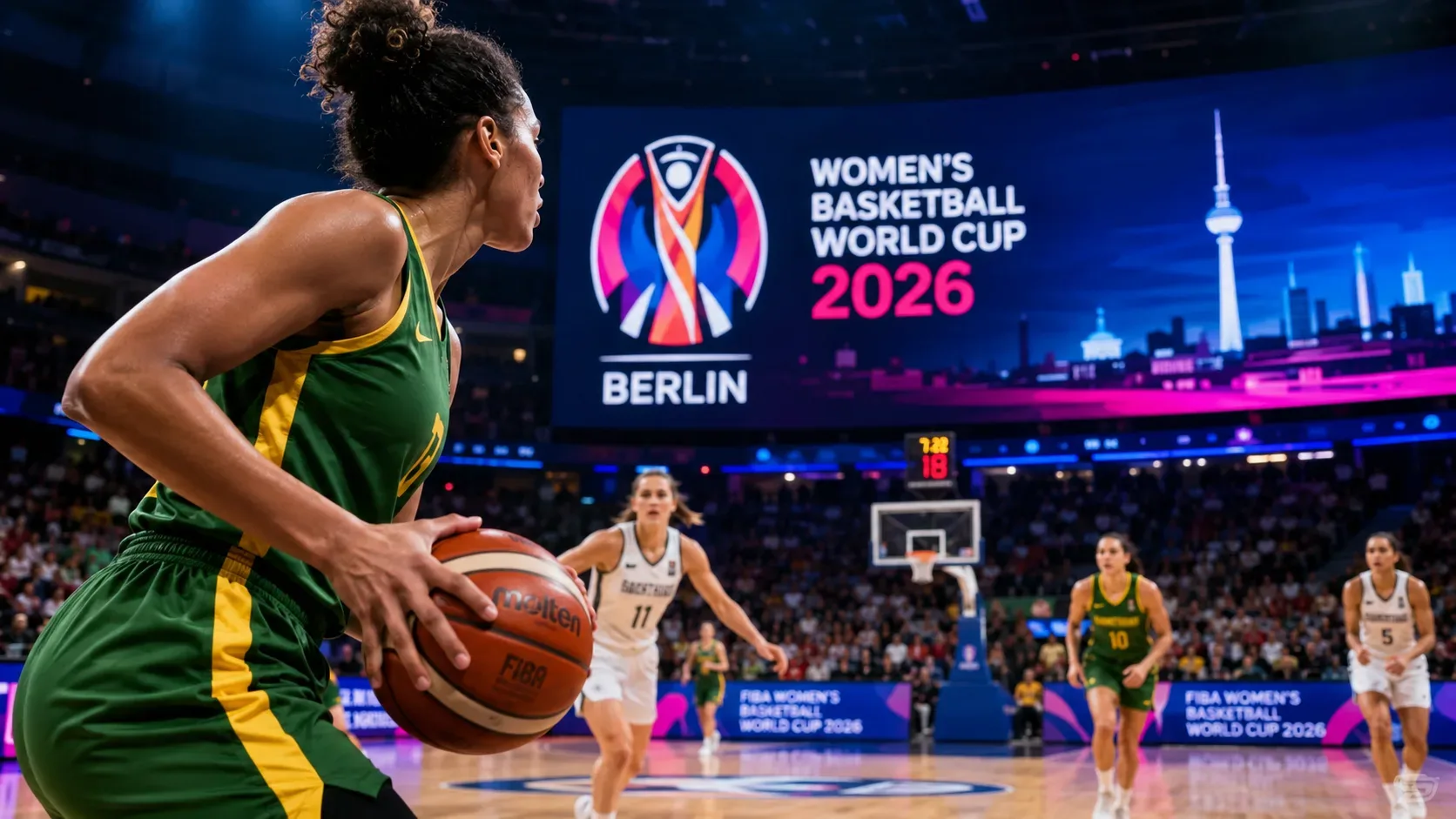 Jogadora de basquete em uniforme verde e amarelo segura a bola em uma arena iluminada, com outras atletas em quadra e um telão ao fundo anunciando o Mundial feminino de 2026 em Berlim.