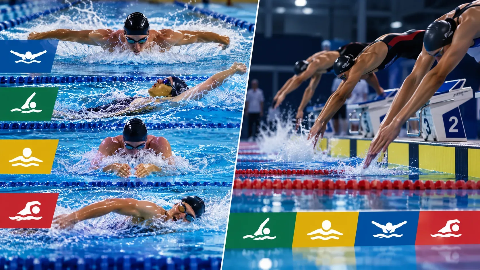 Composição dividida de uma piscina competitiva com nadadores executando os quatro estilos e atletas largando dos blocos, acompanhados por ícones coloridos de natação.