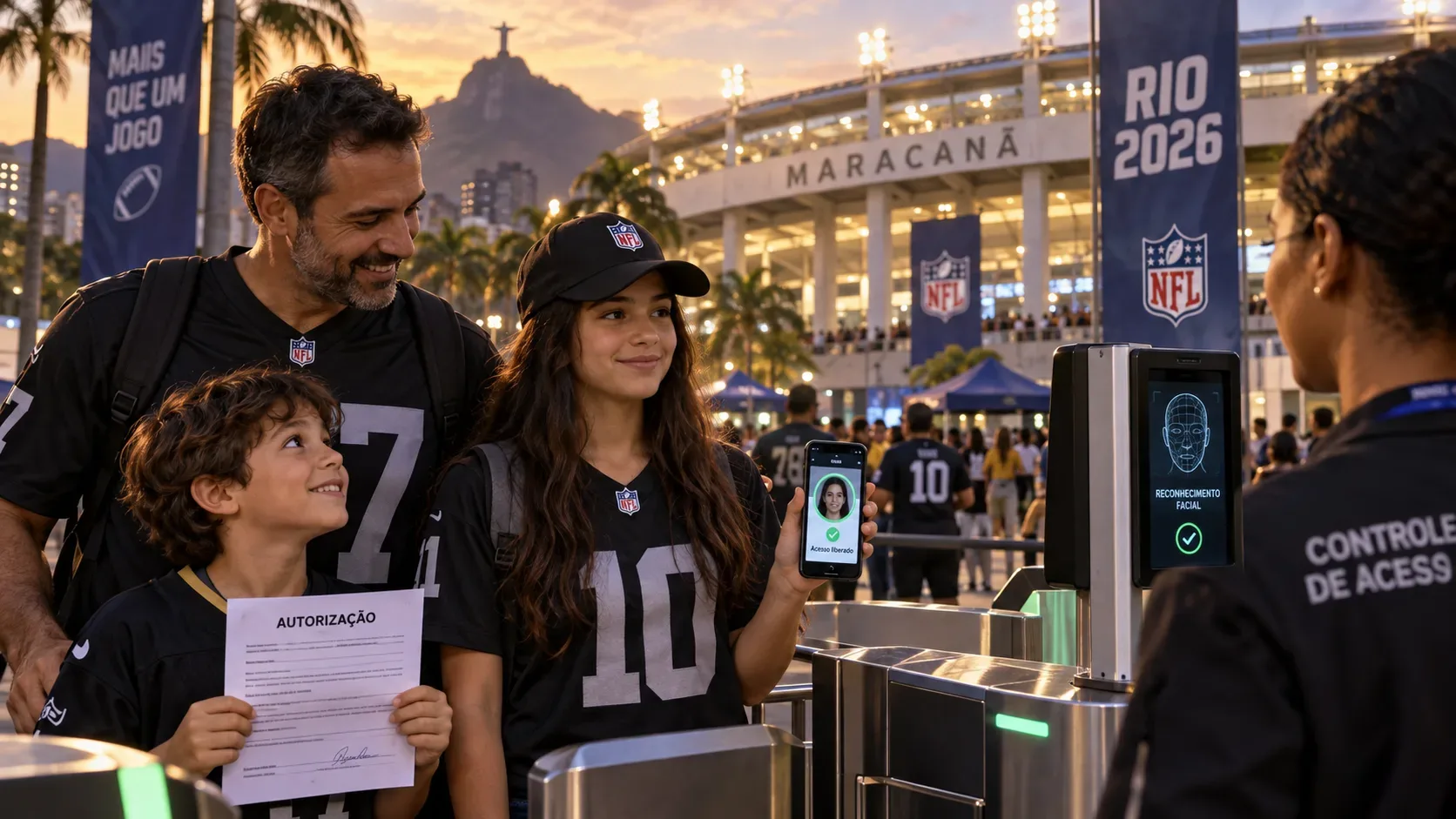 Pai com duas crianças diante de catracas no Maracanã, uma segurando autorização e outra mostrando no celular a validação por reconhecimento facial.