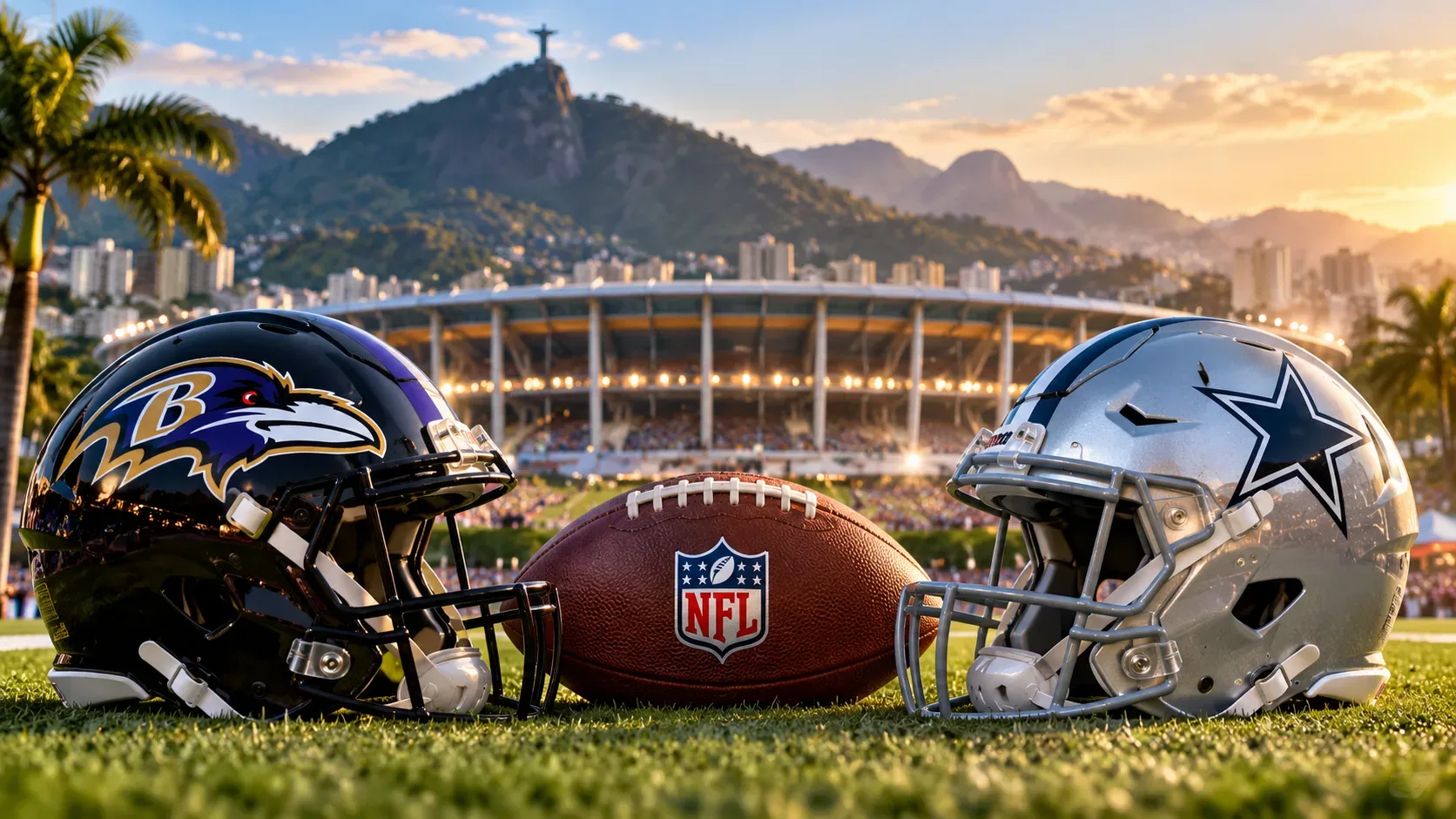 Capacetes do Baltimore Ravens e Dallas Cowboys frente a frente com uma bola de futebol americano em primeiro plano, diante de um estádio no Rio de Janeiro com o Cristo Redentor ao fundo.