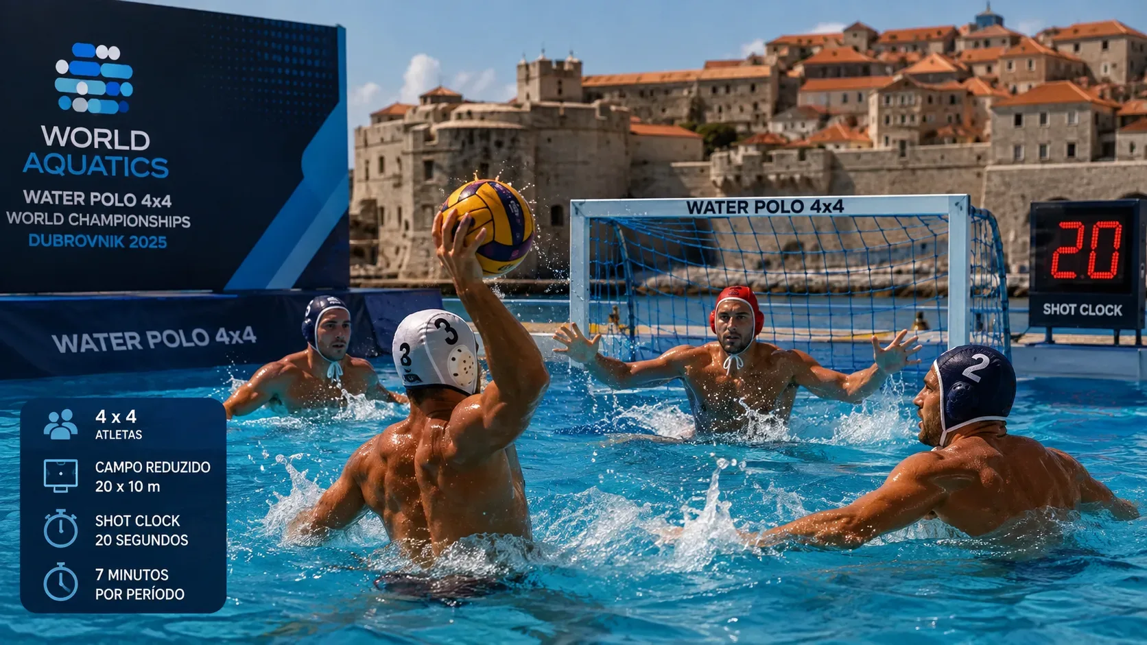 Jogadores disputam uma partida de polo aquático 4x4 em piscina aberta, com Dubrovnik ao fundo, gol, cronômetro e painéis informativos.