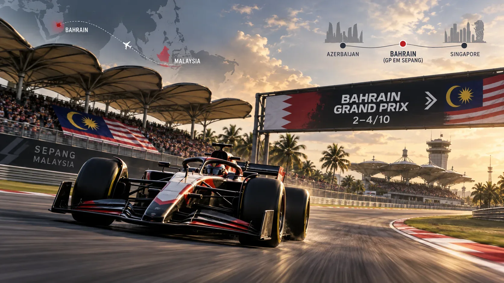 Carro de Fórmula em curva de Sepang, com bandeiras da Malásia, mapa ligando Bahrein à Malásia e indicação visual da etapa entre Azerbaijão e Singapura.