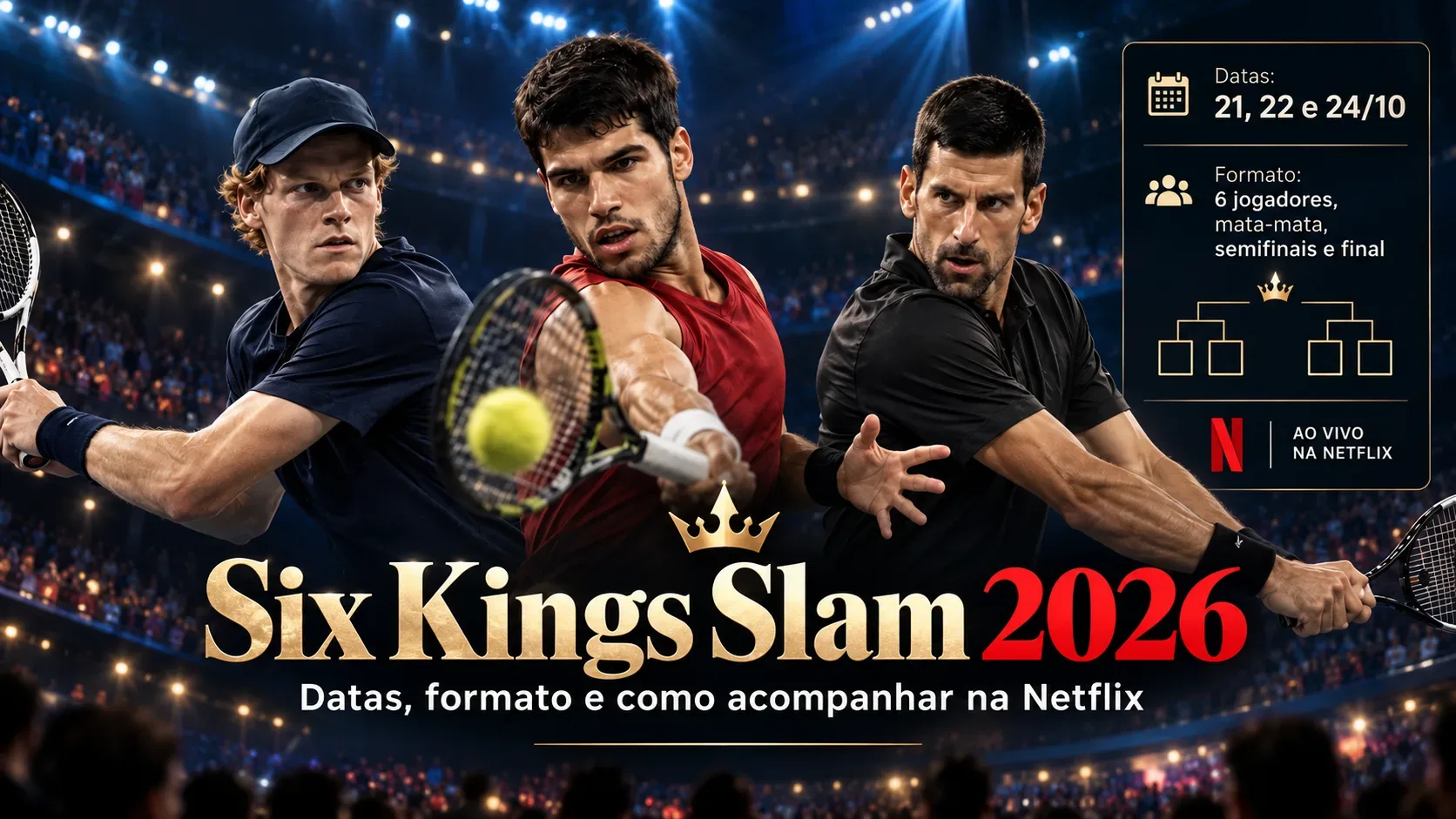 Três tenistas masculinos em poses de jogo sob luzes de arena, com bola em primeiro plano, título Six Kings Slam 2026 e painel lateral com datas e chave do torneio.