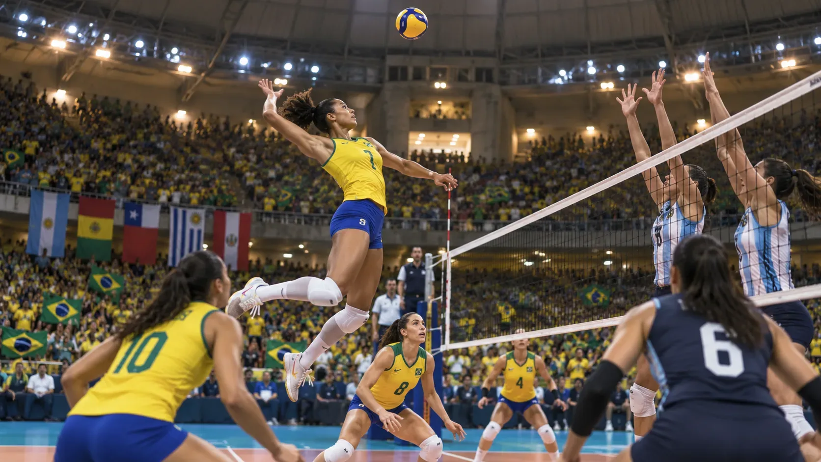 Jogadora do Brasil salta para atacar a bola junto à rede em arena de vôlei lotada, com adversárias bloqueando e bandeiras sul-americanas nas arquibancadas.