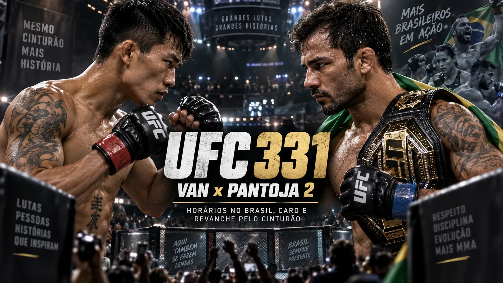 Encarada estilizada de dois lutadores de MMA em uma arena iluminada, com cinturão de campeão e referências visuais ao Brasil.