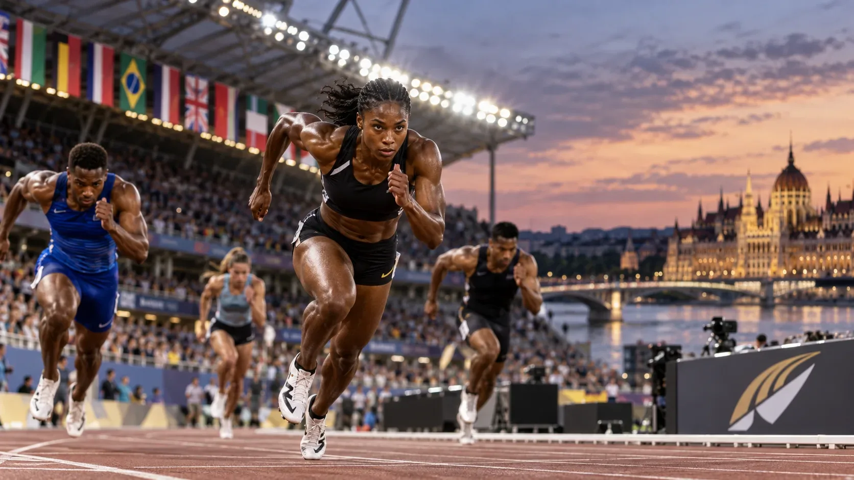 Atletas disputam uma corrida em pista iluminada ao entardecer, com arquibancadas cheias e a arquitetura de Budapeste ao fundo.