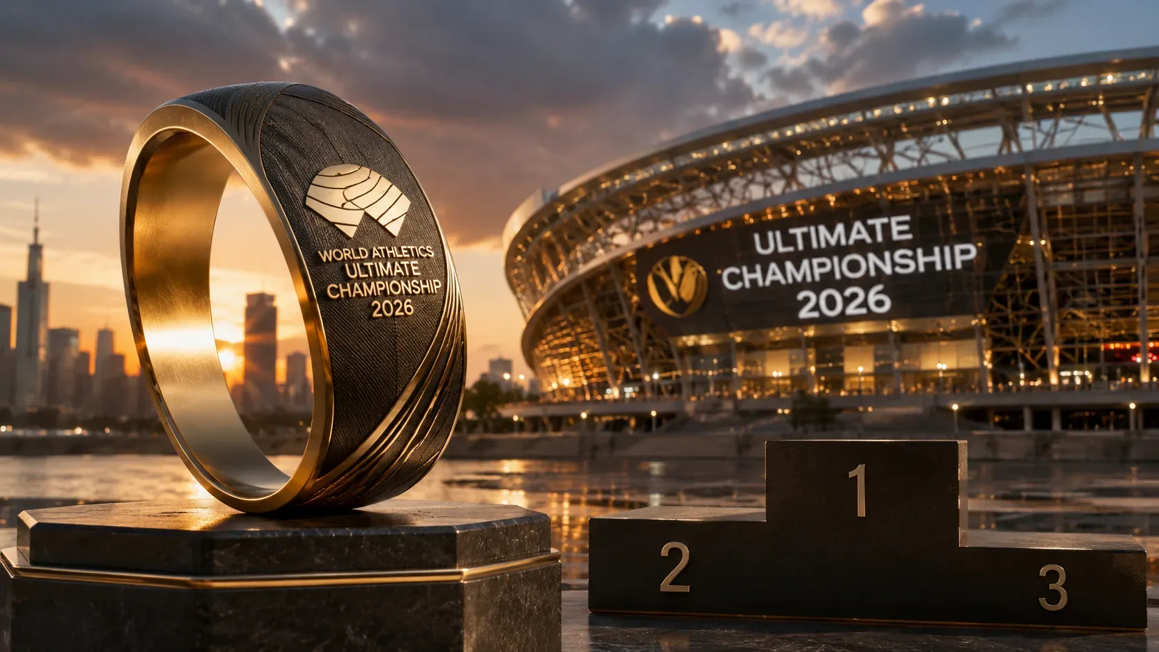 Troféu circular dourado diante de um estádio de atletismo ao pôr do sol, ao lado de um pódio de primeiro, segundo e terceiro lugares.