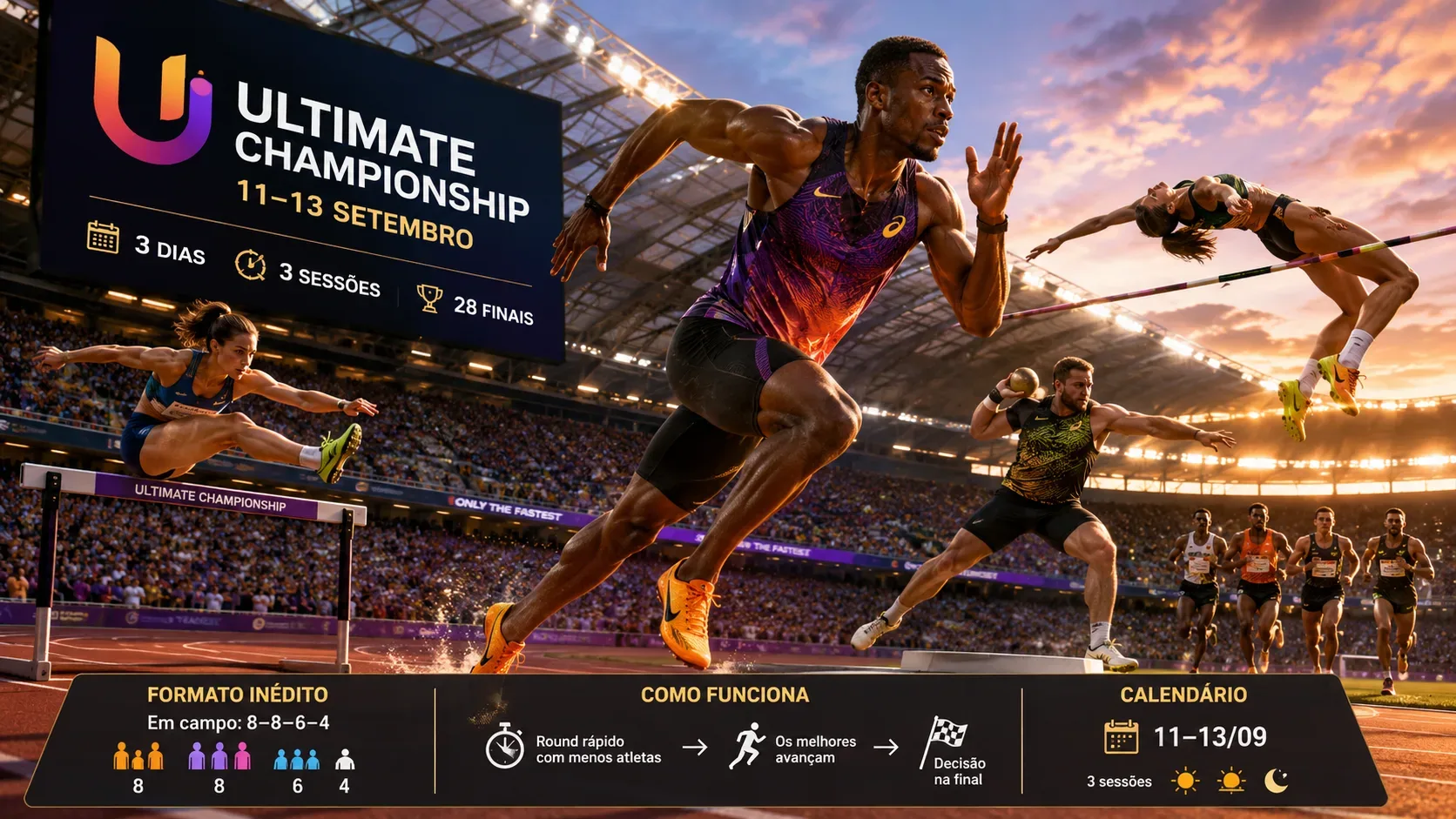 Estádio de atletismo ao pôr do sol com velocista em primeiro plano, provas de salto, barreiras, lançamento e corrida ao fundo, além de painel do Ultimate Championship.