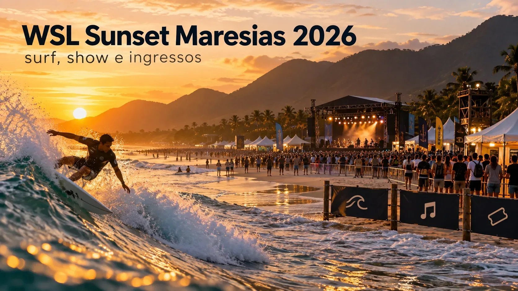 Surfista em uma onda ao pôr do sol em Maresias, com palco iluminado, público na areia e o título WSL Sunset Maresias 2026 sobre a cena.