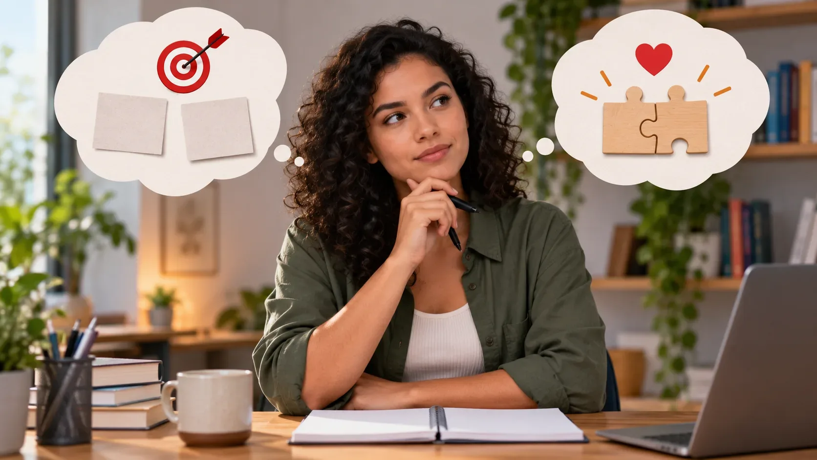 Mulher em uma mesa de estudos compara dois caminhos visuais: papéis separados sob um alvo e peças de quebra-cabeça conectadas sob um coração.