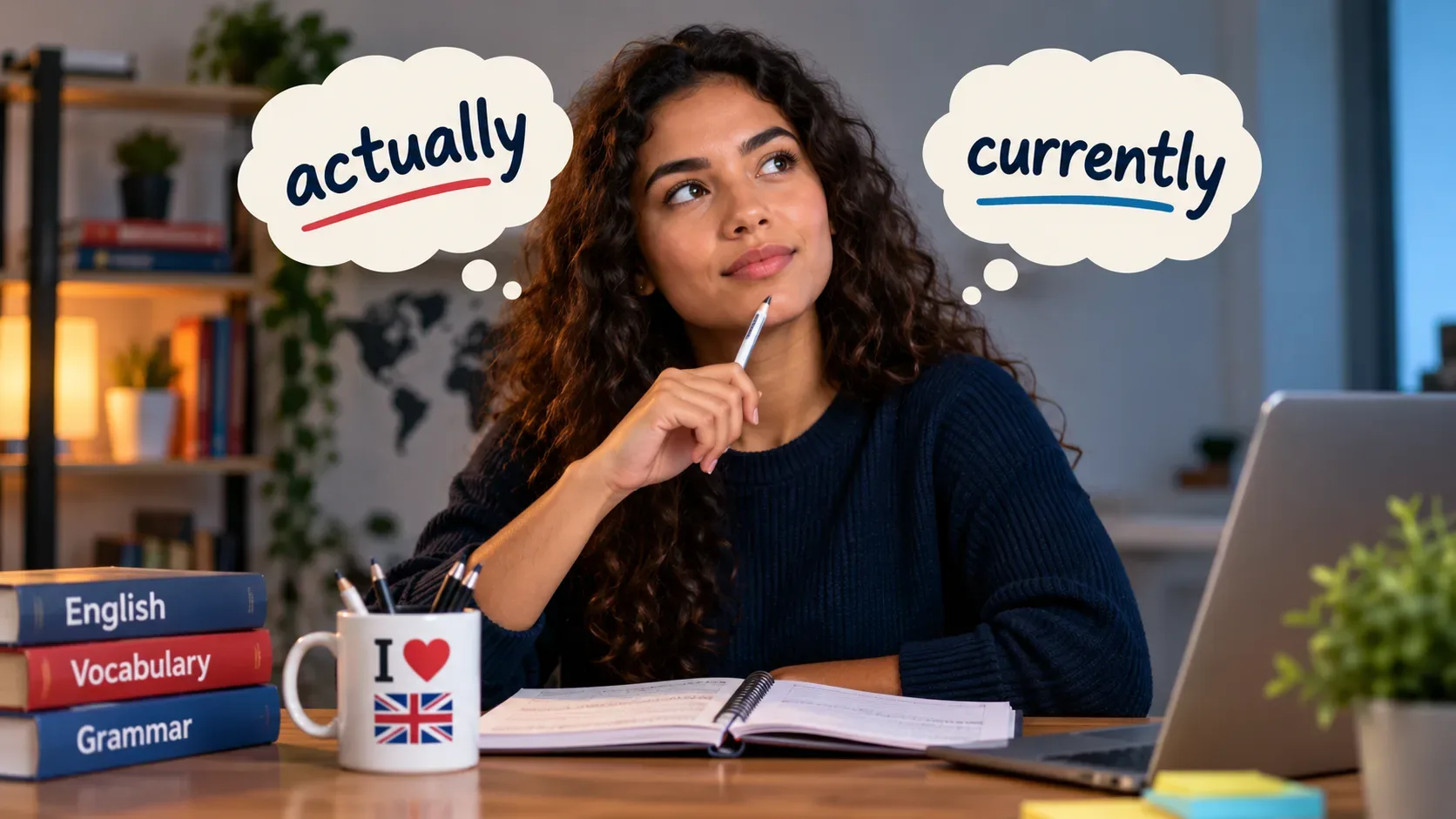 Estudante em uma mesa de estudos observa dois balões de pensamento com as palavras “actually” e “currently”, ao lado de livros e notebook.