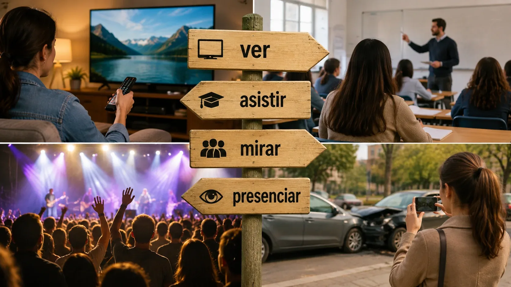 Composição em quatro cenas com televisão, sala de aula, show e acidente, ao centro placas de madeira com os verbos ver, asistir, mirar e presenciar.