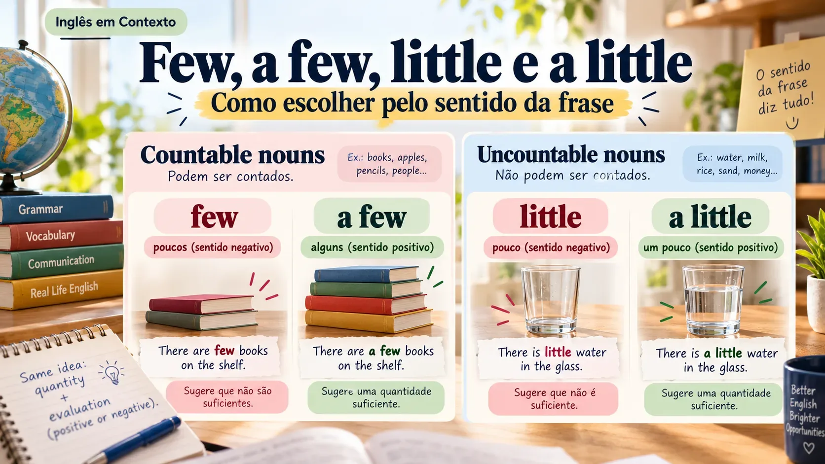 Capa didática com o título sobre few, a few, little e a little, quadros de livros para contáveis e de copos de água para incontáveis sobre uma mesa de estudos.