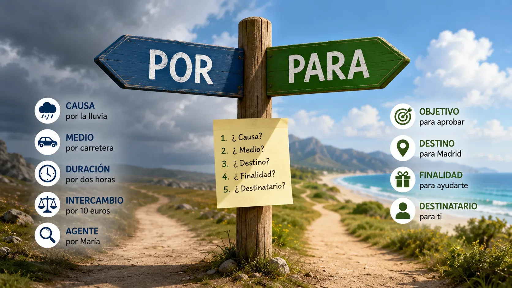 Placa de madeira em uma bifurcação com setas POR e PARA, checklist central e exemplos visuais de causa, meio, objetivo e destino.