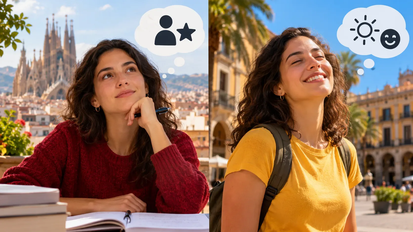 Mesma mulher em duas cenas urbanas na Espanha, estudando pensativa à esquerda e sorrindo ao sol à direita, com ícones que sugerem característica e estado.