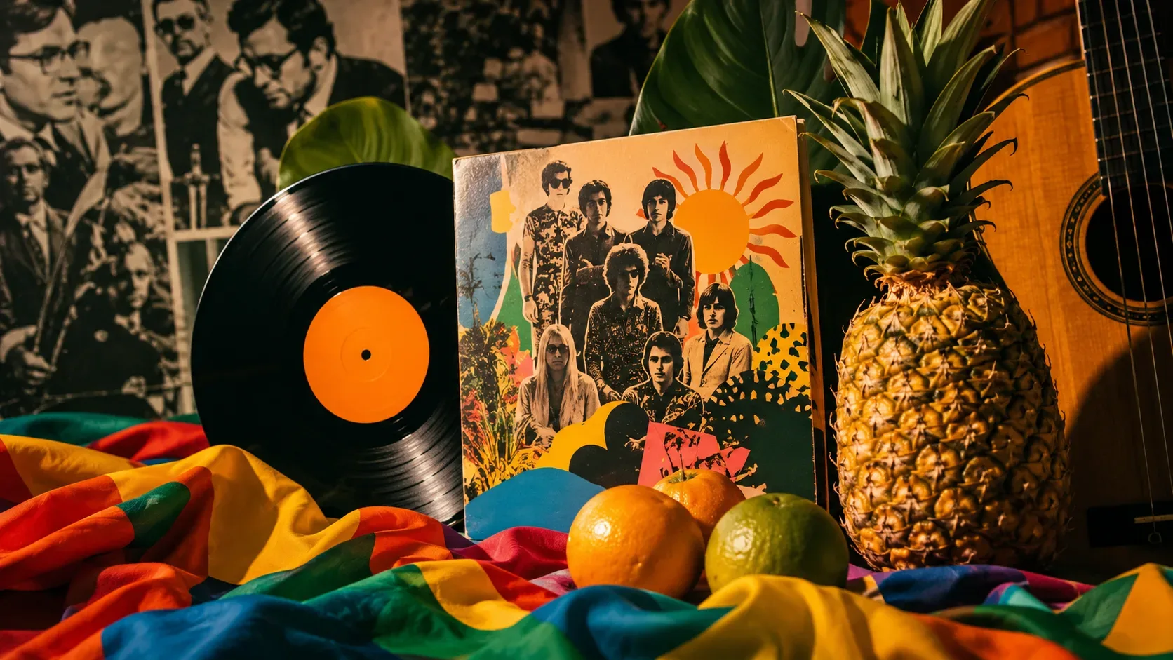 Disco de vinil diante de uma composição de colagem inspirada na estética tropicalista brasileira dos anos 1960.