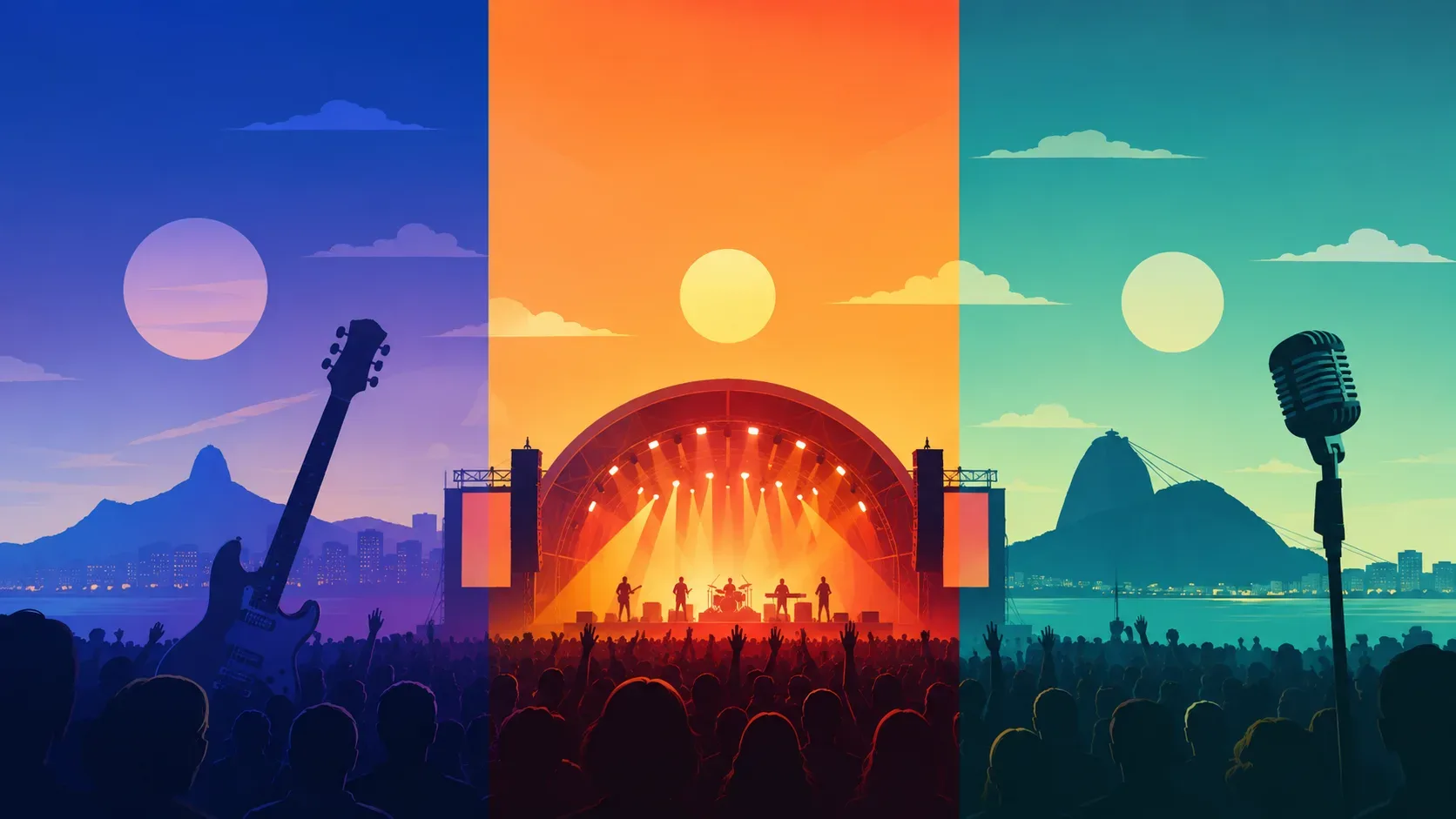Arte editorial dividida entre sexta, sábado e domingo, destacando os diferentes perfis musicais e encontros especiais do Doce Maravilha 2026.
