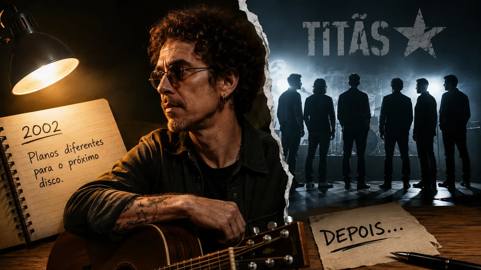 Composição editorial em tons quentes e frios mostra um músico ruivo com violão diante de um caderno marcado 2002, separado por papel rasgado de silhuetas de uma banda no palco e da palavra Titãs.