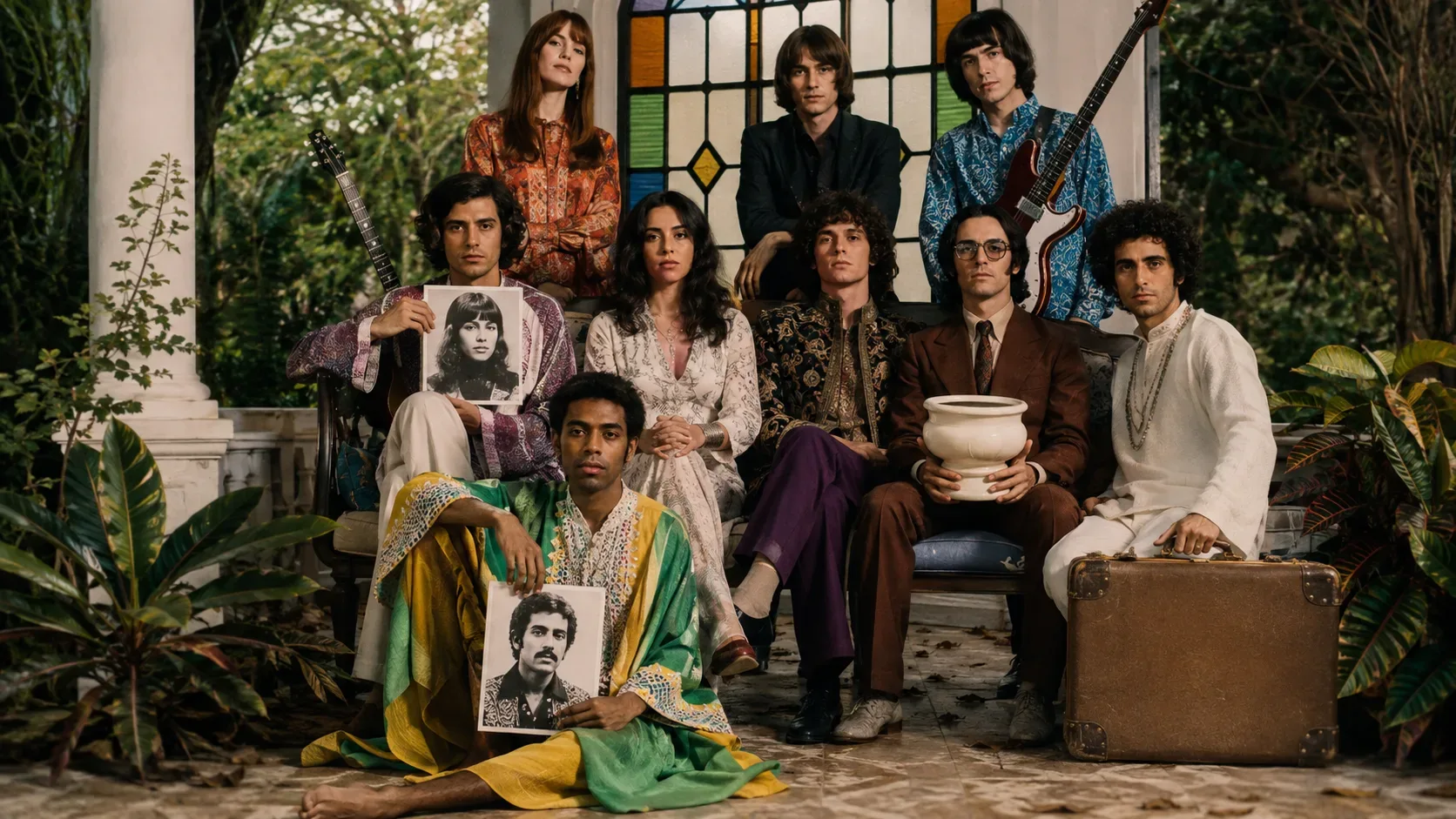 Capa de Tropicália ou Panis et Circencis com os tropicalistas em pose de foto de família, segurando retratos, guitarras, uma mala e um urinol.