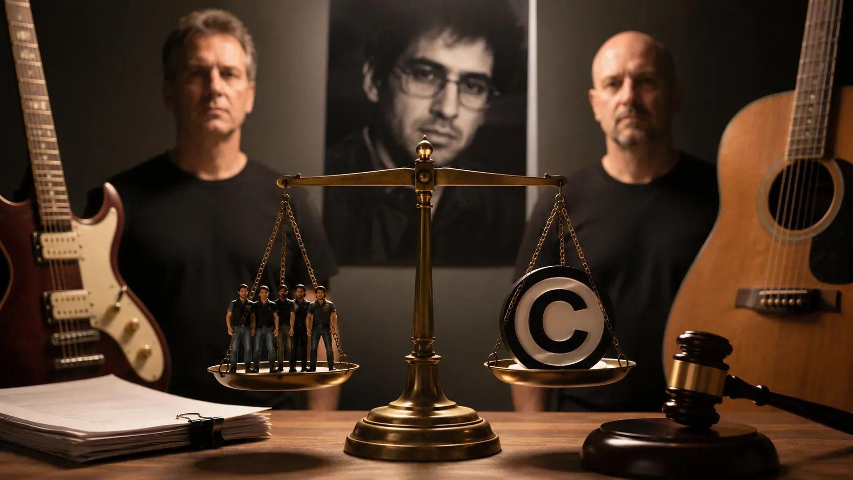 Composição editorial com instrumentos musicais e elementos jurídicos abstratos representando a disputa pelo uso do nome Legião Urbana, sem logotipos.