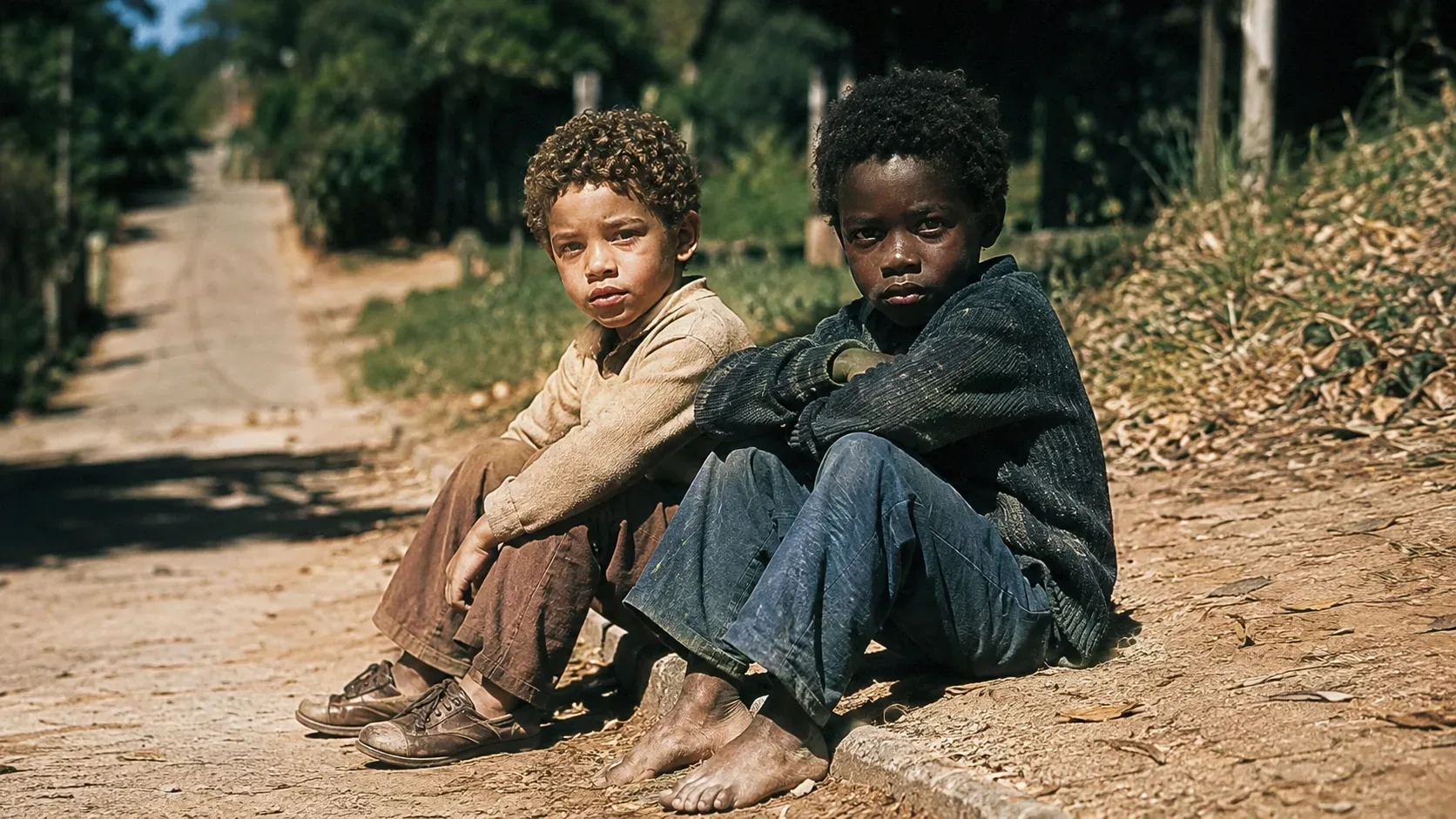 Dois meninos sentados à beira de uma estrada de terra em área rural ensolarada, um descalço e outro calçado.