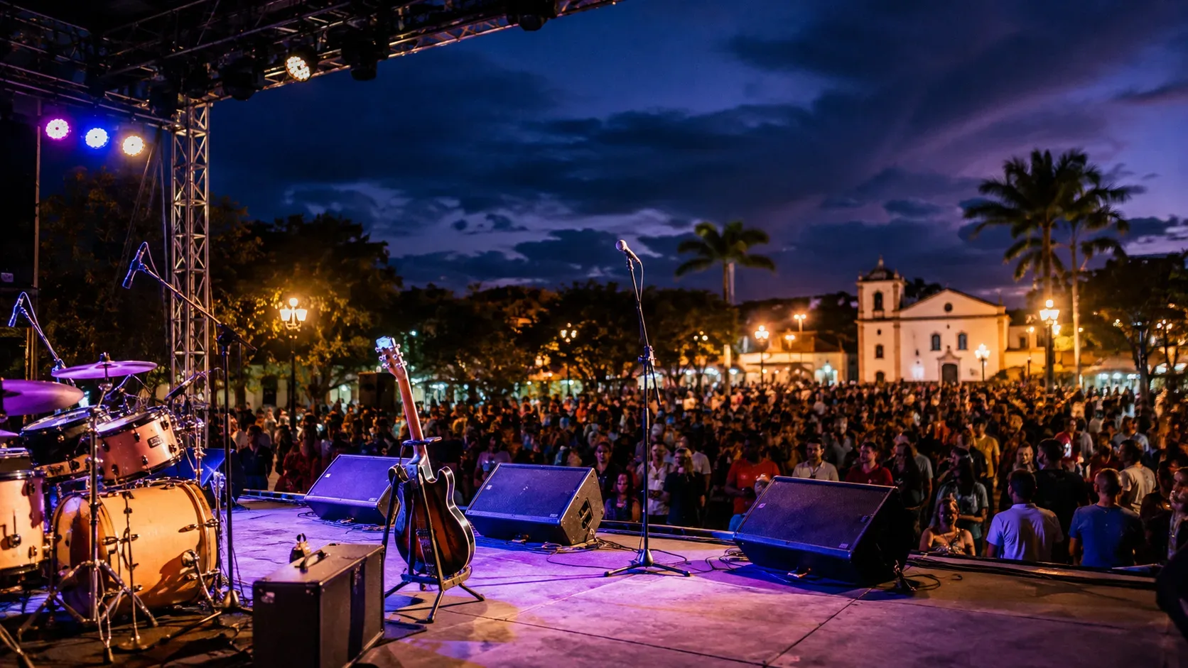 Palco de blues e rock montado na Praça do Canhão, em Saquarema, com instrumentos iluminados e público reunido durante um show noturno.