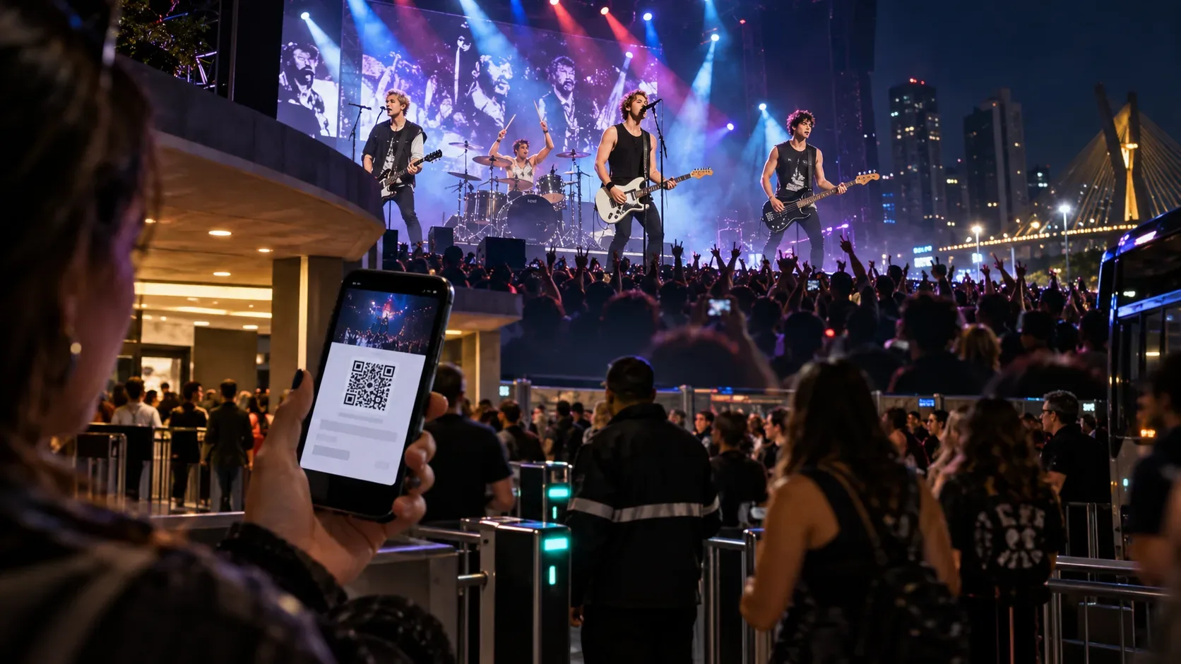 Fã exibe ingresso digital com QR code diante da entrada de uma casa de shows, enquanto uma banda de pop-rock toca para uma multidão sob luzes coloridas em São Paulo.