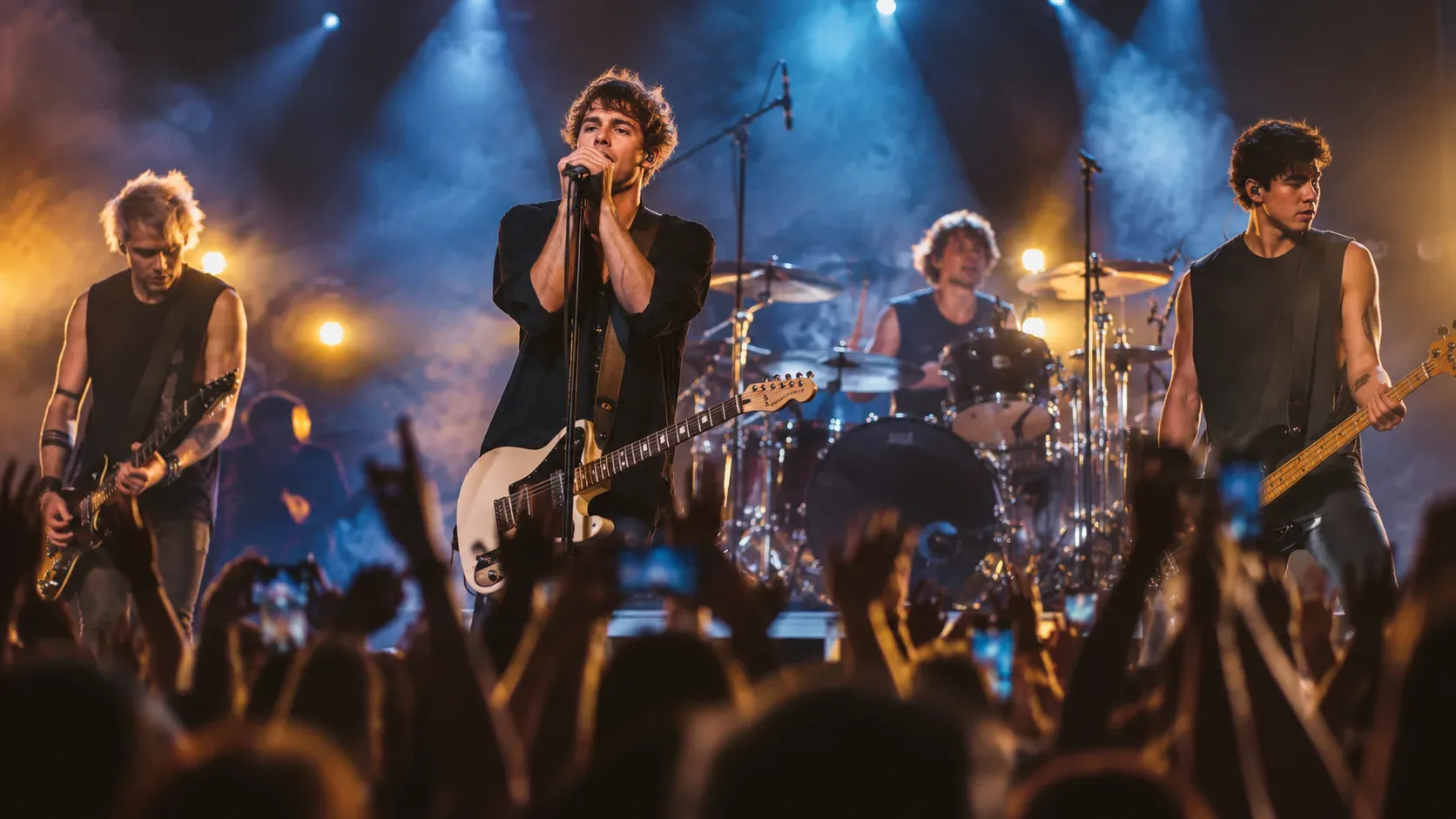 Banda de pop rock se apresenta em palco iluminado diante de uma multidão com braços erguidos e celulares durante um grande show.