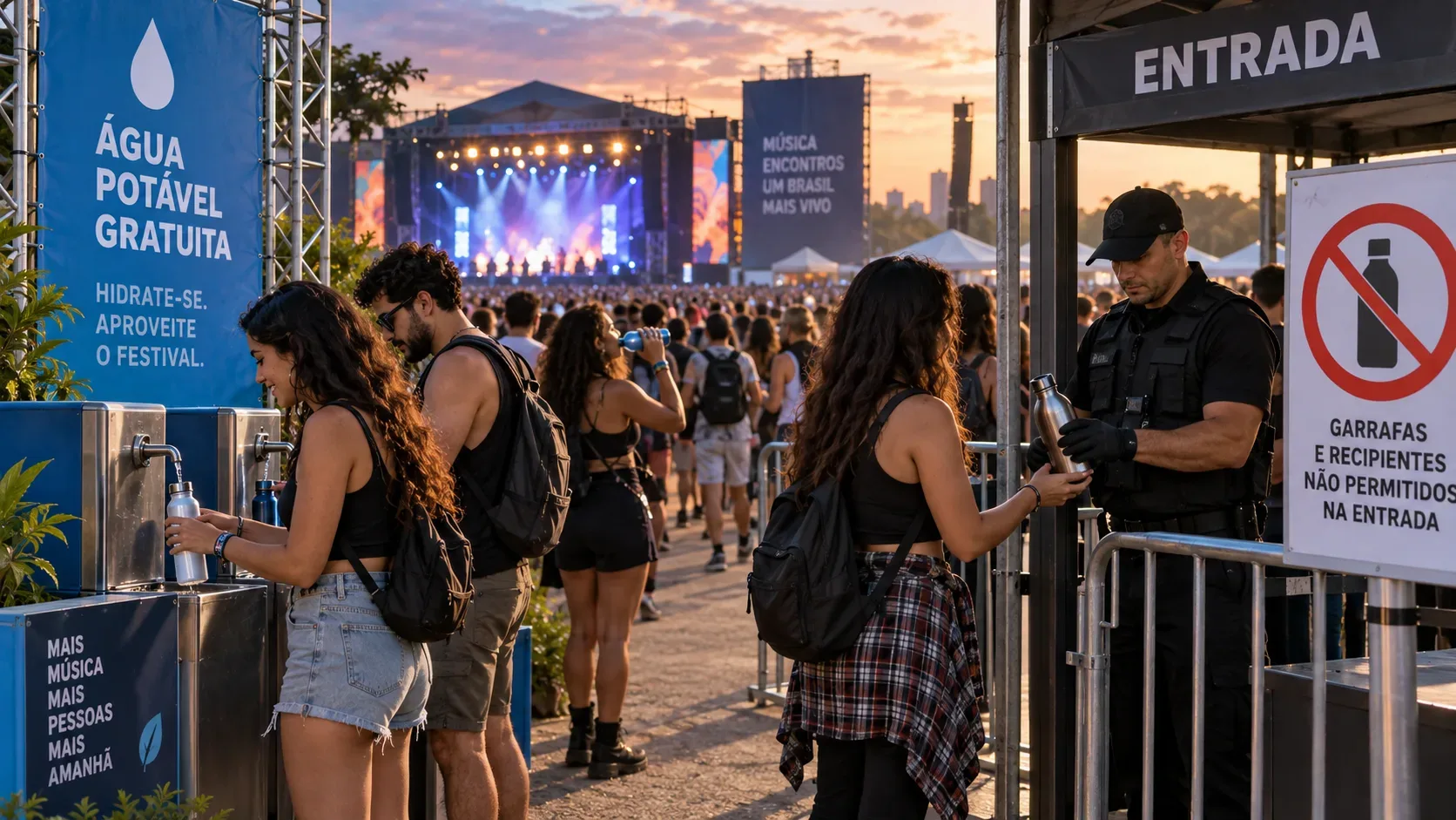 Entrada de festival ao entardecer, com ponto gratuito de água à esquerda e revista de uma garrafa por segurança à direita.