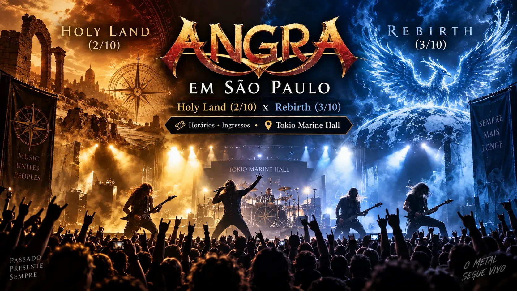 Capa dividida entre tons dourados e azuis, com uma banda de metal tocando diante do público e referências visuais a Holy Land e Rebirth.