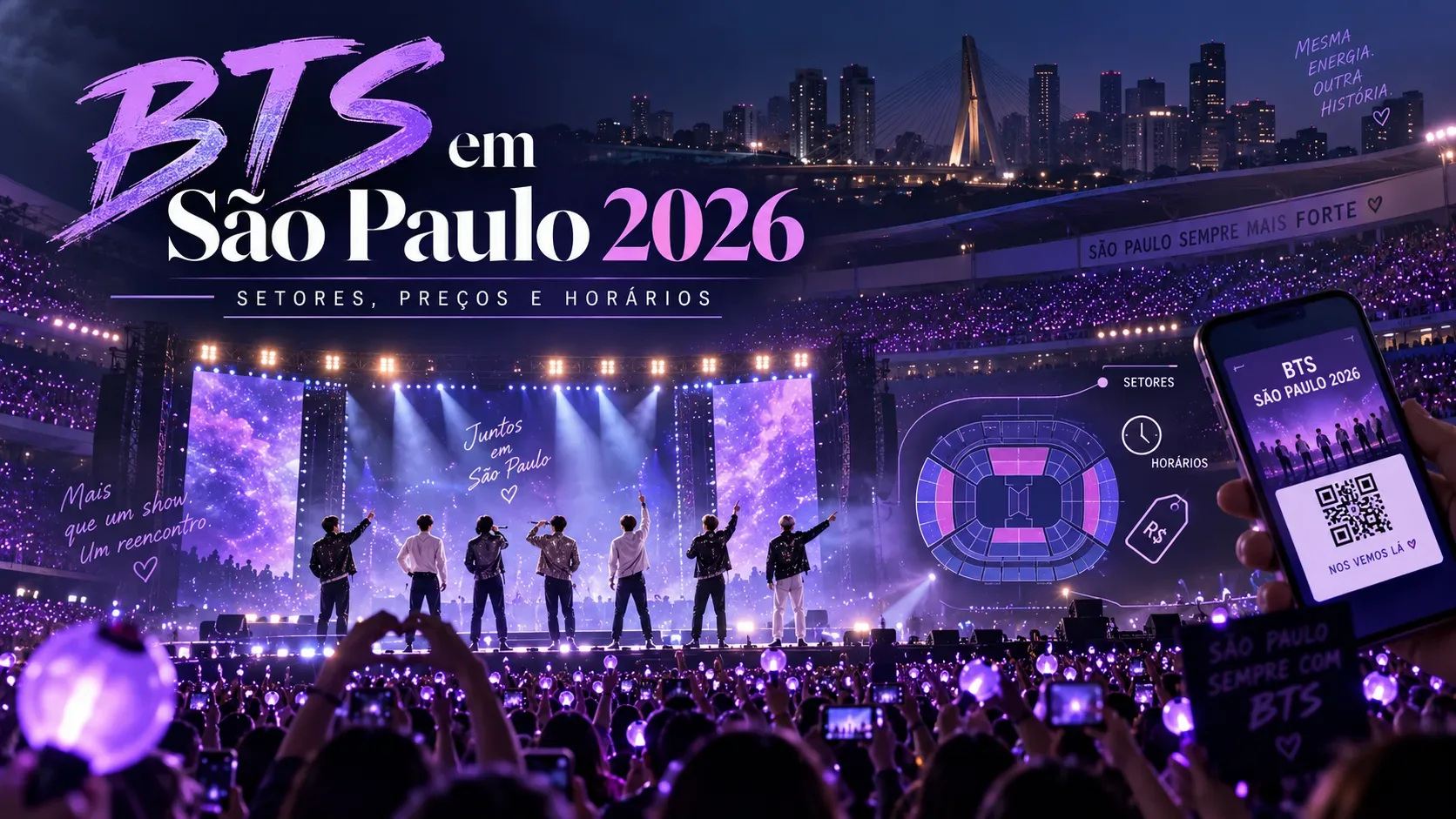Capa editorial de um grande show noturno em estádio, com sete performers no palco diante de uma multidão iluminada em roxo, skyline de São Paulo, mapa de setores e celular com ingresso digital.