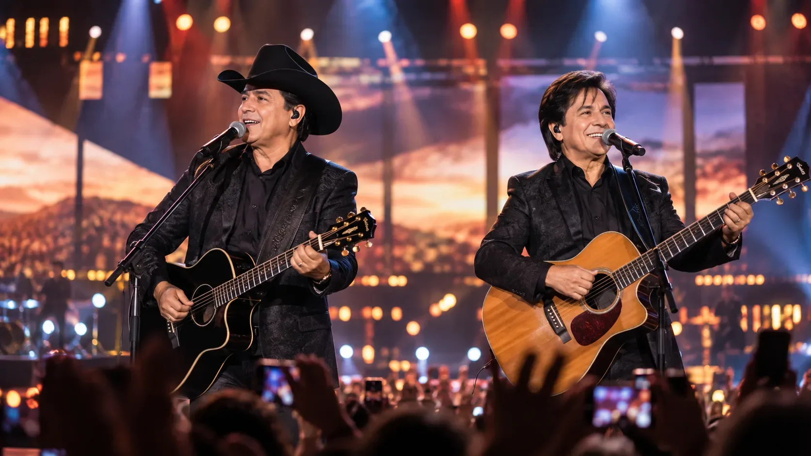 Dupla sertaneja com violões no palco de uma grande casa de shows, sob luzes quentes, diante de uma plateia com celulares erguidos.
