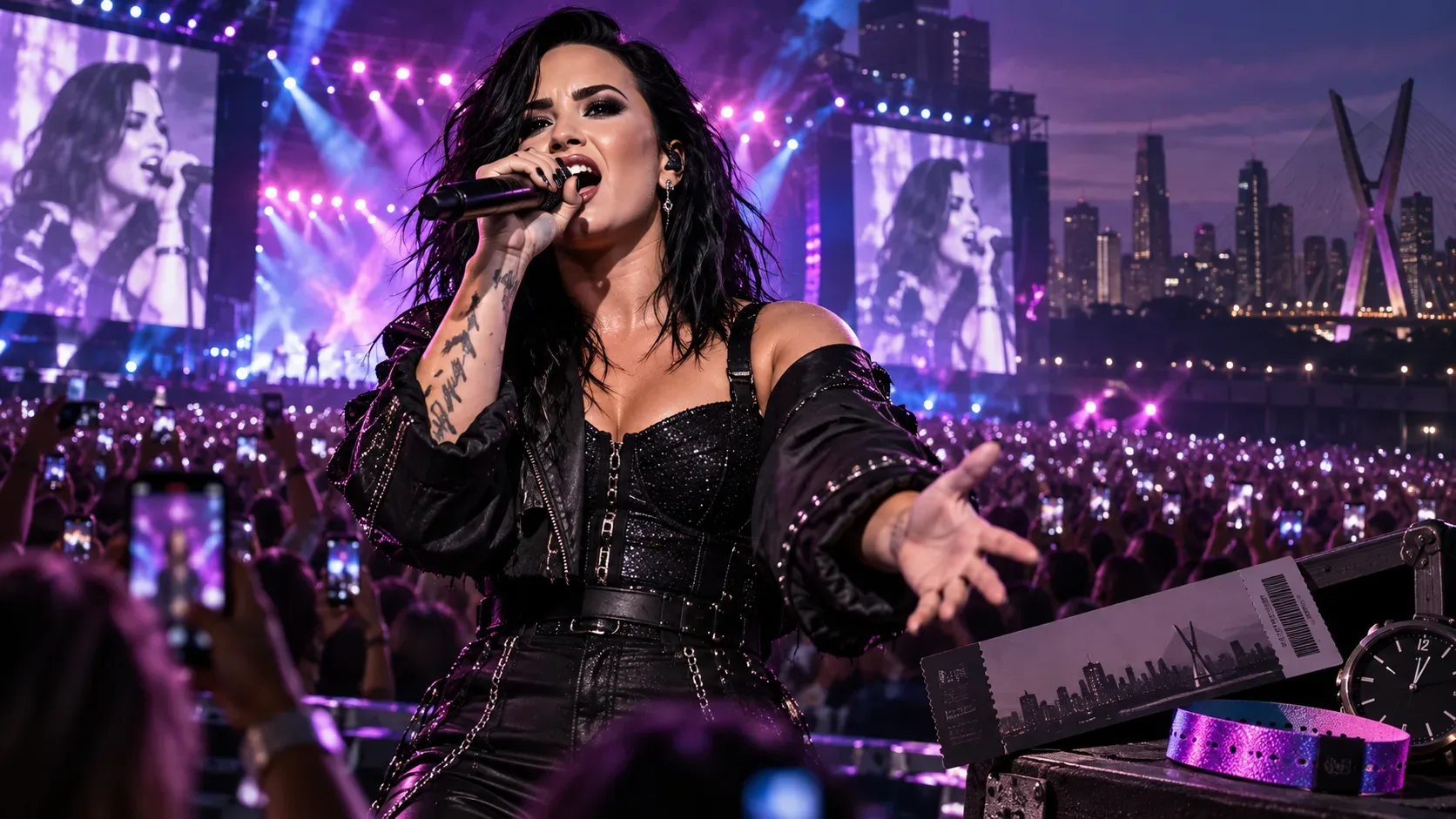 Cantora pop de cabelos escuros canta em palco iluminado em roxo e azul, com plateia, skyline de São Paulo, ingresso, pulseira e relógio em primeiro plano.