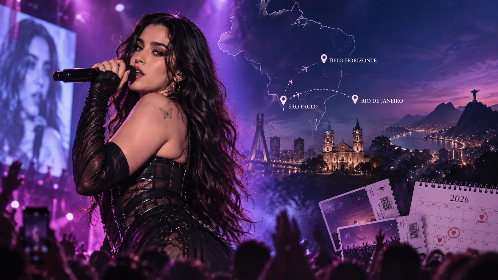 Cantora pop de cabelo escuro canta ao microfone diante de um mapa do Brasil com rotas entre São Paulo, Rio de Janeiro e Belo Horizonte, além de ingressos e um calendário de 2026.
