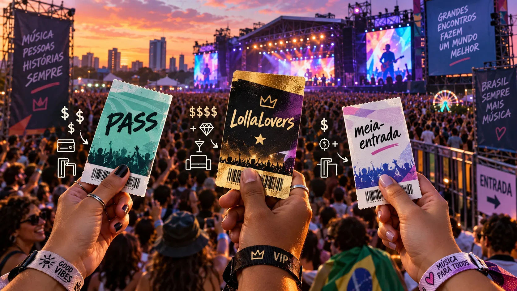 Três mãos seguram ingressos ilustrados marcados Pass, LollaLovers e meia-entrada diante de um palco de festival lotado ao pôr do sol.