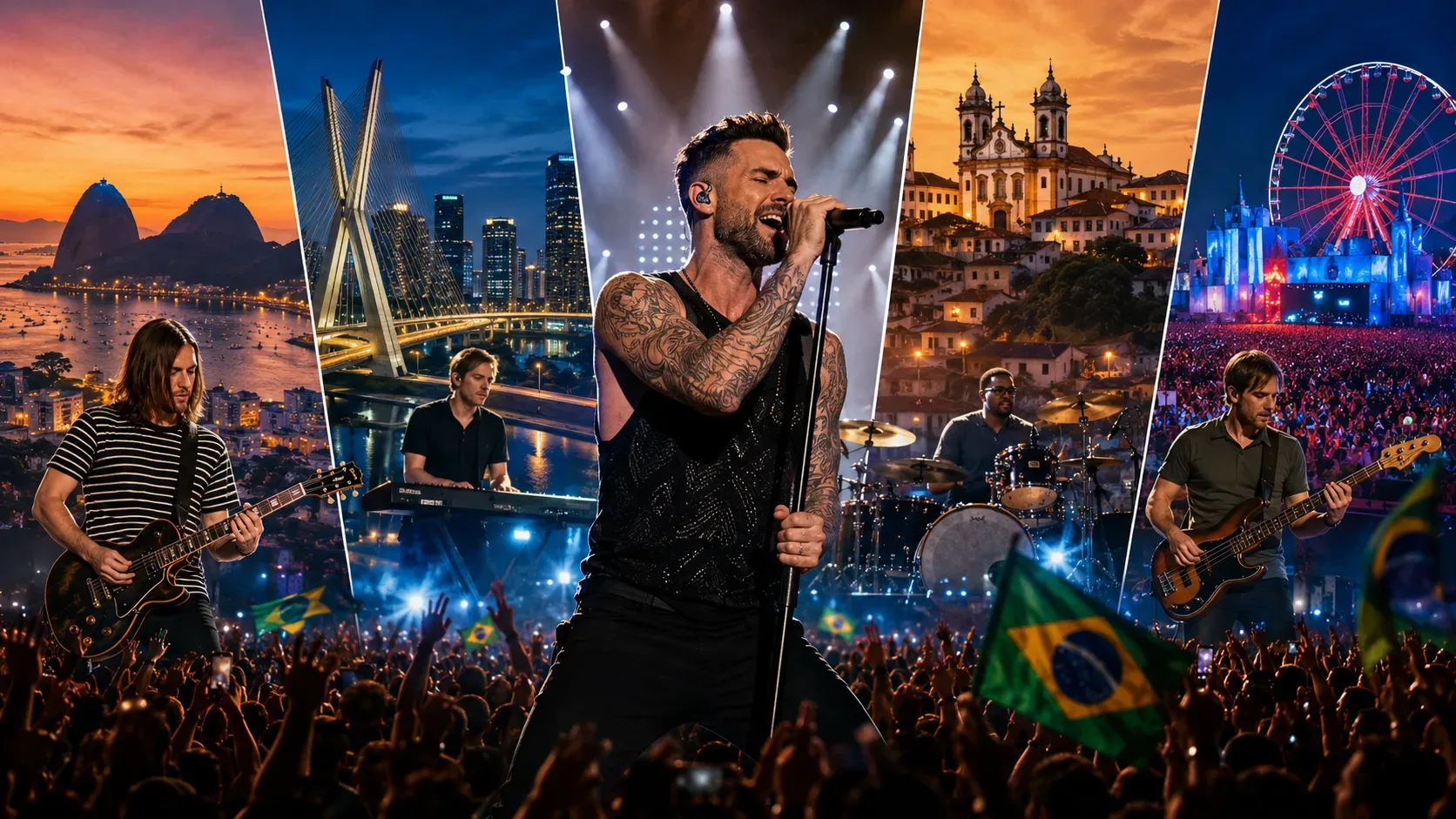 Cantor ao centro de um show de pop rock com banda no palco, público com bandeiras do Brasil e montagem de paisagens urbanas e festival.