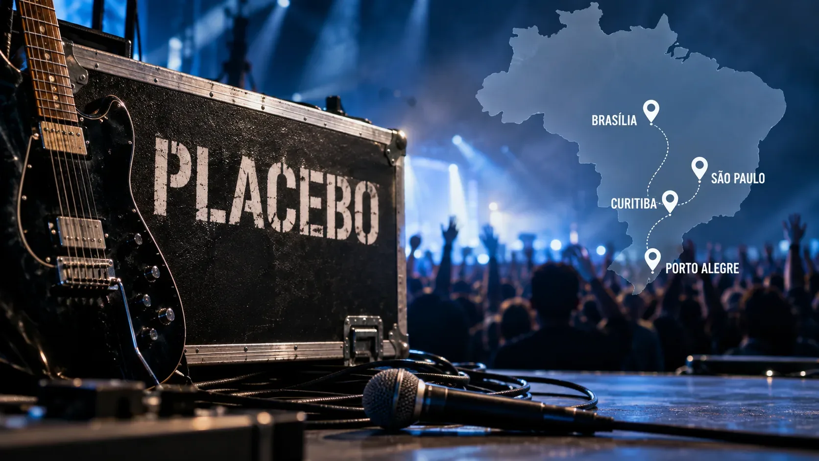 Guitarra preta, microfone e case com o nome Placebo diante de um público em luz azul, ao lado de um mapa do Brasil com marcações de Brasília, Curitiba, São Paulo e Porto Alegre.