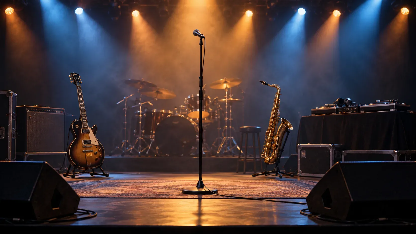 Palco de show vazio com guitarra elétrica, microfone, bateria, saxofone e equipamento de DJ sob luzes azuis e alaranjadas.
