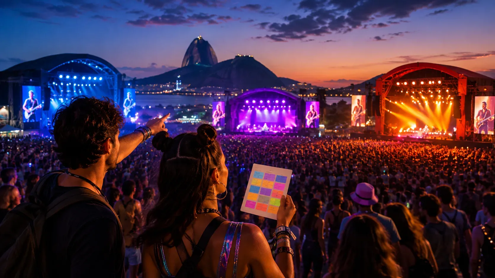 Dois frequentadores observam vários palcos iluminados de um grande festival no Rio ao entardecer, enquanto um aponta e o outro segura uma grade colorida de programação.