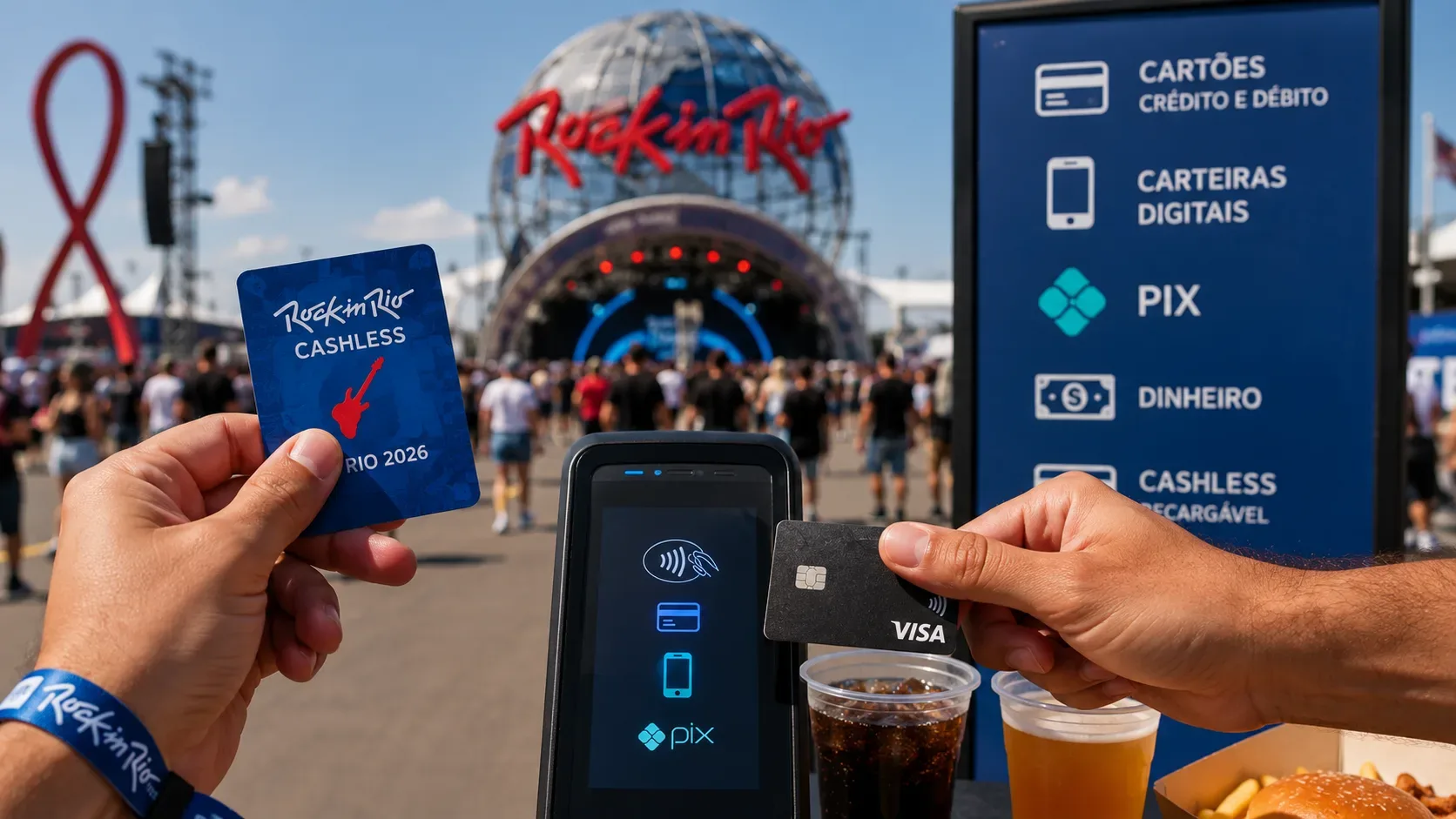 Mãos seguram um cartão pré-pago e um cartão bancário diante de terminal de pagamento, com a entrada do Rock in Rio ao fundo.