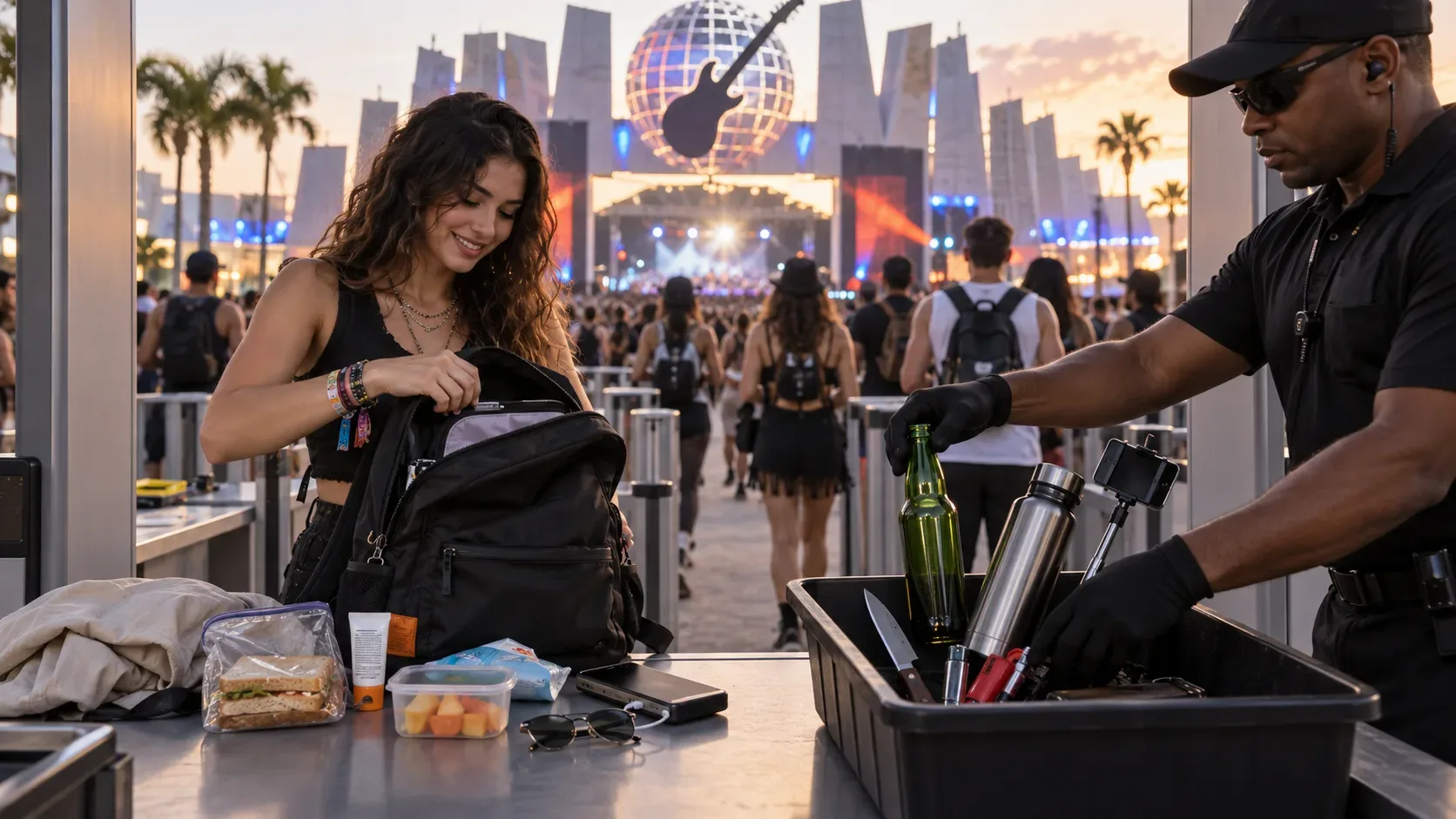 Revista de segurança em entrada de festival, com visitante abrindo a mochila enquanto um agente separa garrafa de vidro, recipiente metálico e outros itens barrados de alimentos e objetos pessoais.