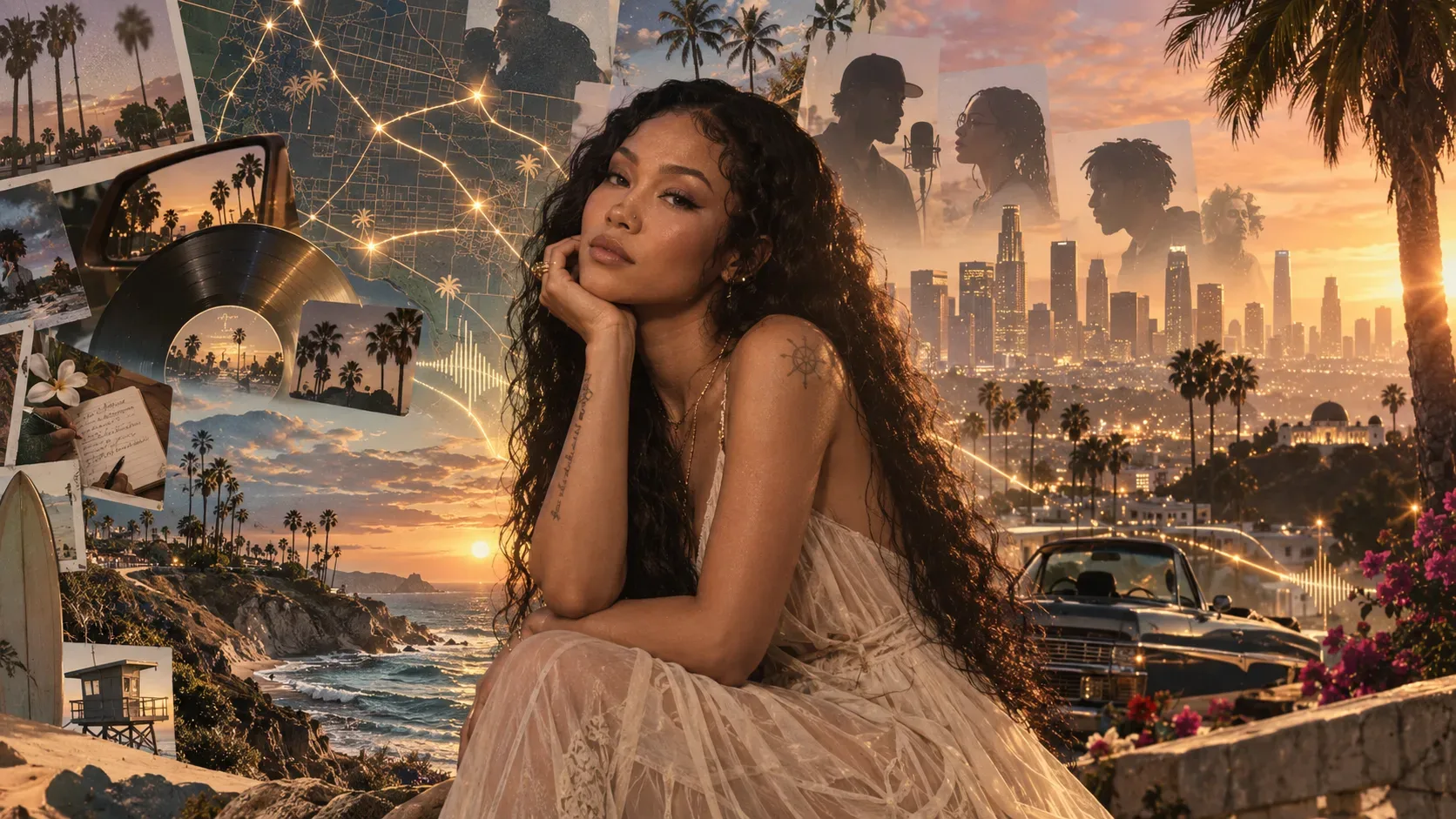 Jhené Aiko em primeiro plano diante de Los Angeles ao entardecer, com palmeiras, oceano, vinil, mapa luminoso e silhuetas de colaboradores em uma colagem musical.