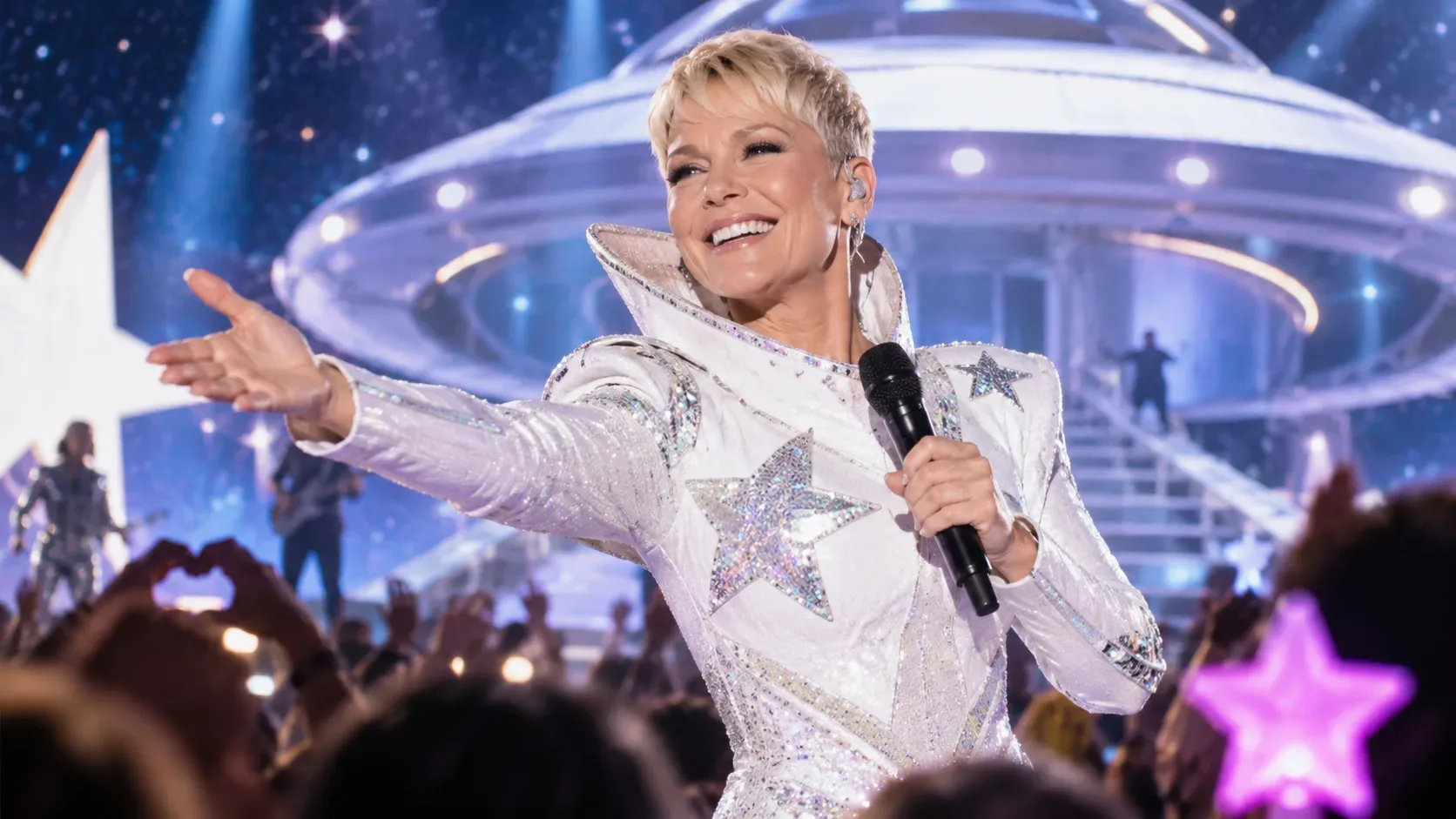 Xuxa no palco iluminado, com figurino branco brilhante e microfone, diante de uma grande nave cenográfica e do público.