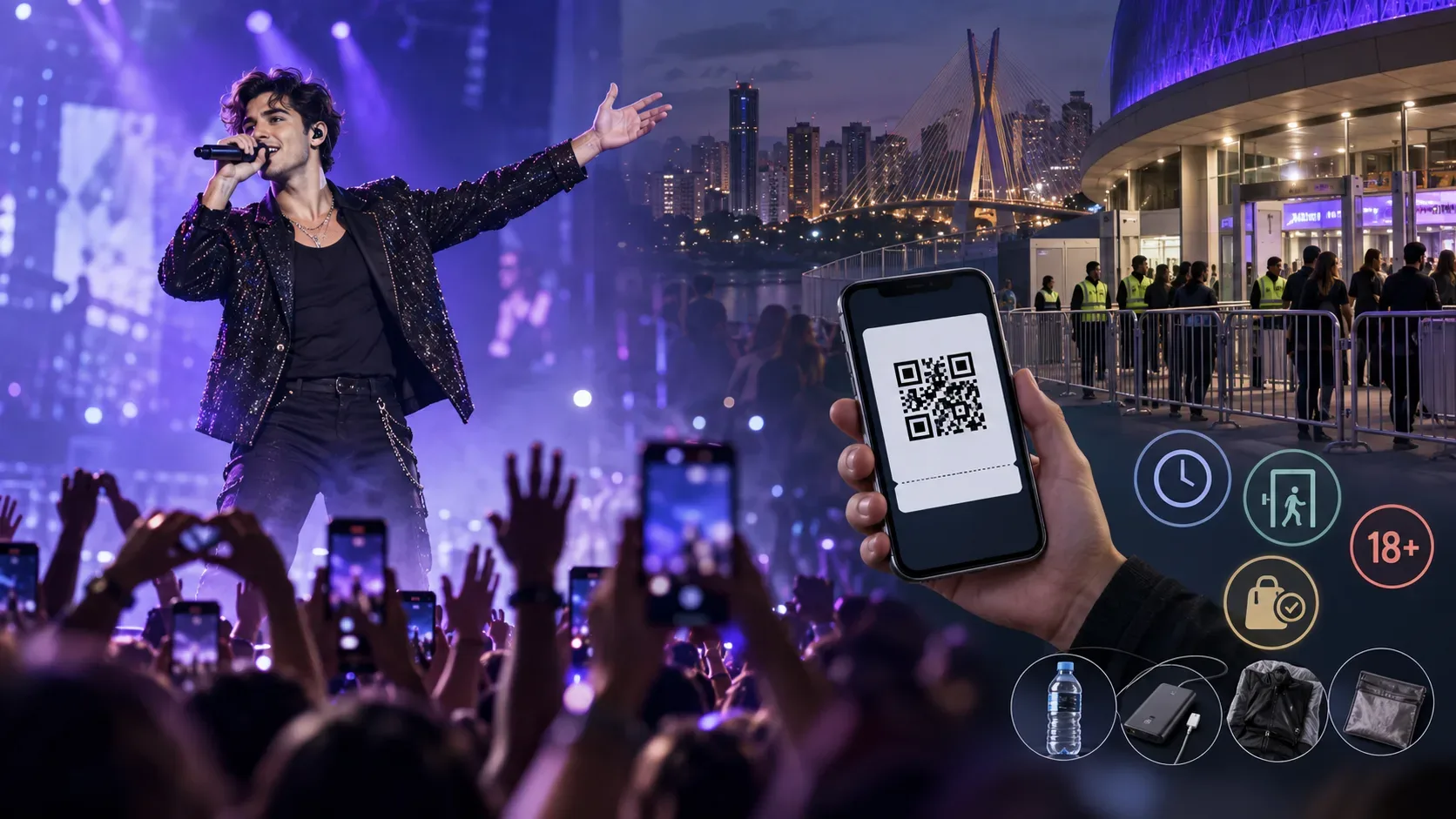 Cantor pop em palco iluminado diante do público, com ingresso digital em primeiro plano e entrada de arena com skyline de São Paulo ao fundo.