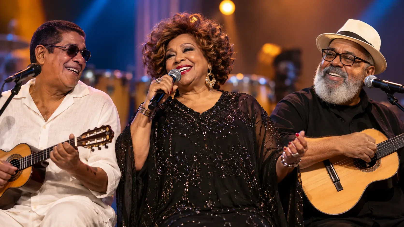 Três sambistas veteranos cantam juntos em um palco iluminado, com Alcione ao centro e Zeca Pagodinho e Jorge Aragão tocando instrumentos de corda.